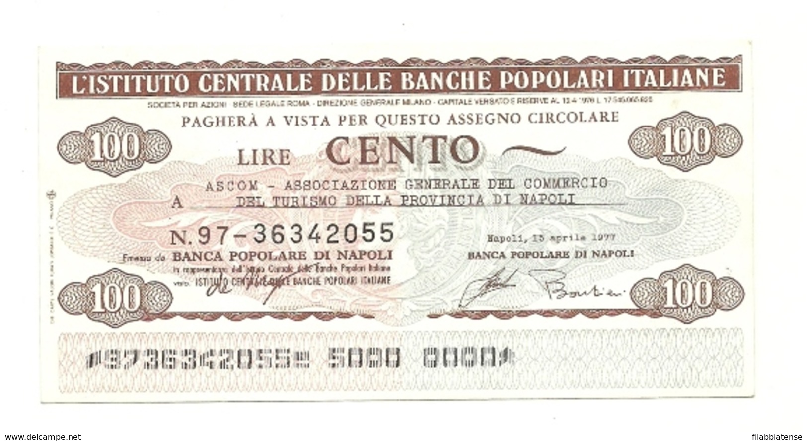 1977 - Italia - Istituto Centrale Delle Banche Popolari Italiane - Asso. Del Com. Del Turismo Della Prov. Di Napoli ---- - [10] Chèques