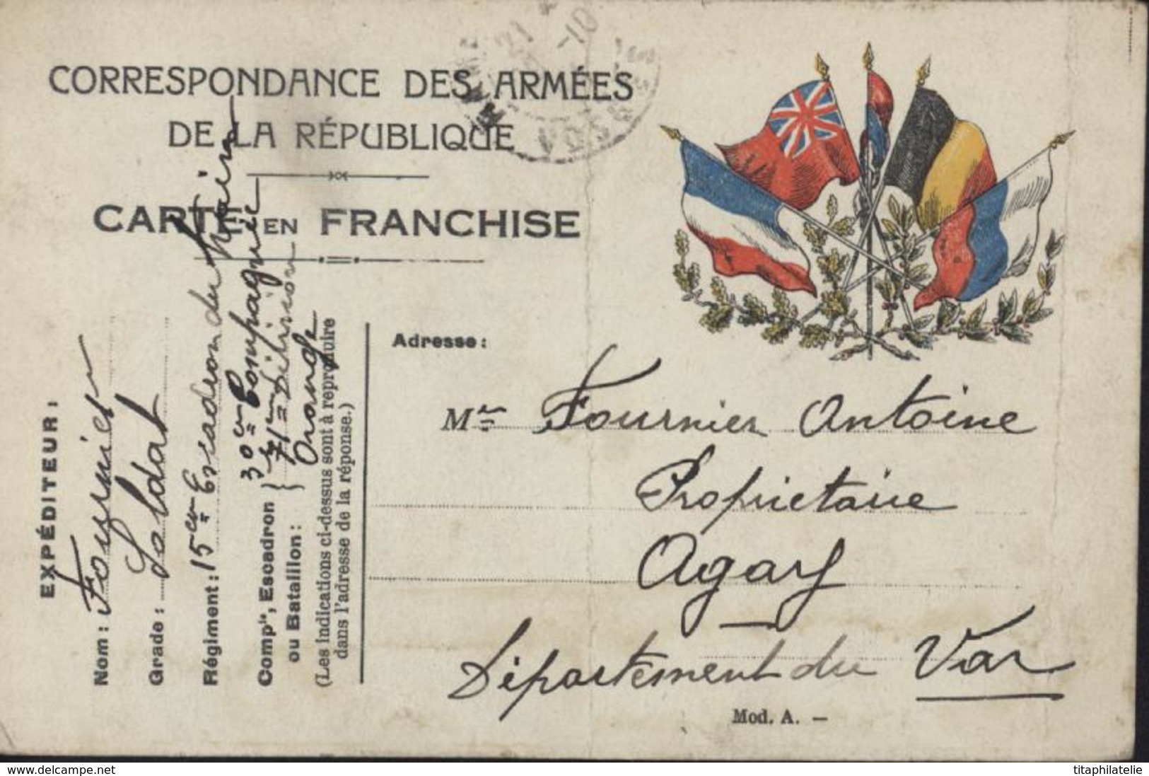 Carte En Franchise Drapeaux Alliés France Grande Bretagne Serbie Roulé Belgique Russie Lauriers Armée République FM 1914 - Lettres & Documents