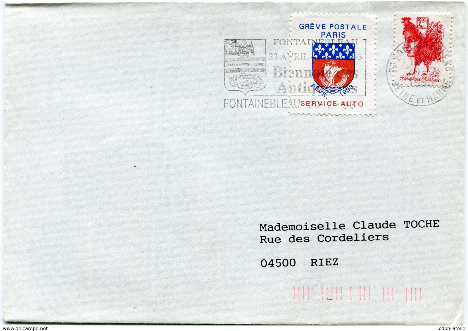 FRANCE LETTRE AFFRANCHIE TIMBRE DE GREVE "GREVE POSTALE DE PARIS FEVR. 1993 SERVICE AUTO" DEPART FONTAINEBLEAU 20-2-1993 - Documents