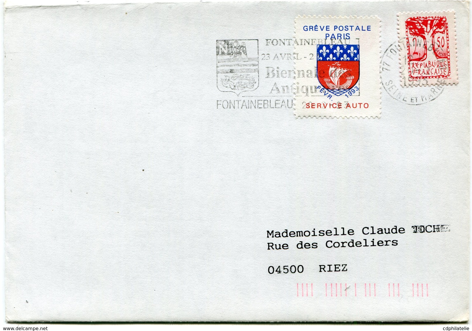 FRANCE LETTRE AFFRANCHIE TIMBRE DE GREVE "GREVE POSTALE DE PARIS FEVR. 1993 SERVICE AUTO" DEPART FONTAINEBLEAU 20-2-1993 - Documents