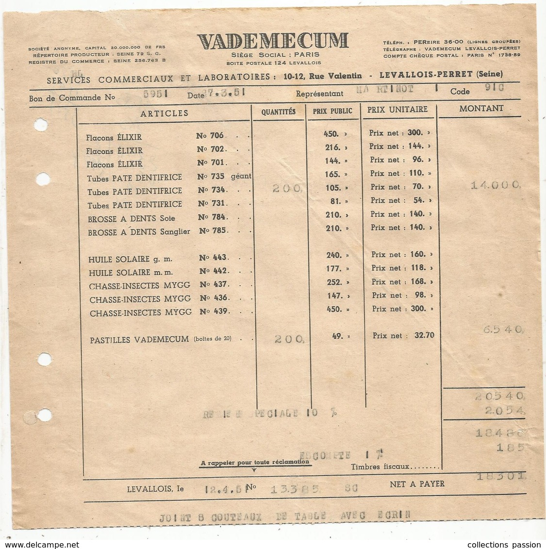 Facture, 1951 , VADEMECUM , LEVALLOIS - PERRET , Seine ,laboratoires Pharmaceutiques , Frais Fr 1.45 E - Sonstige & Ohne Zuordnung