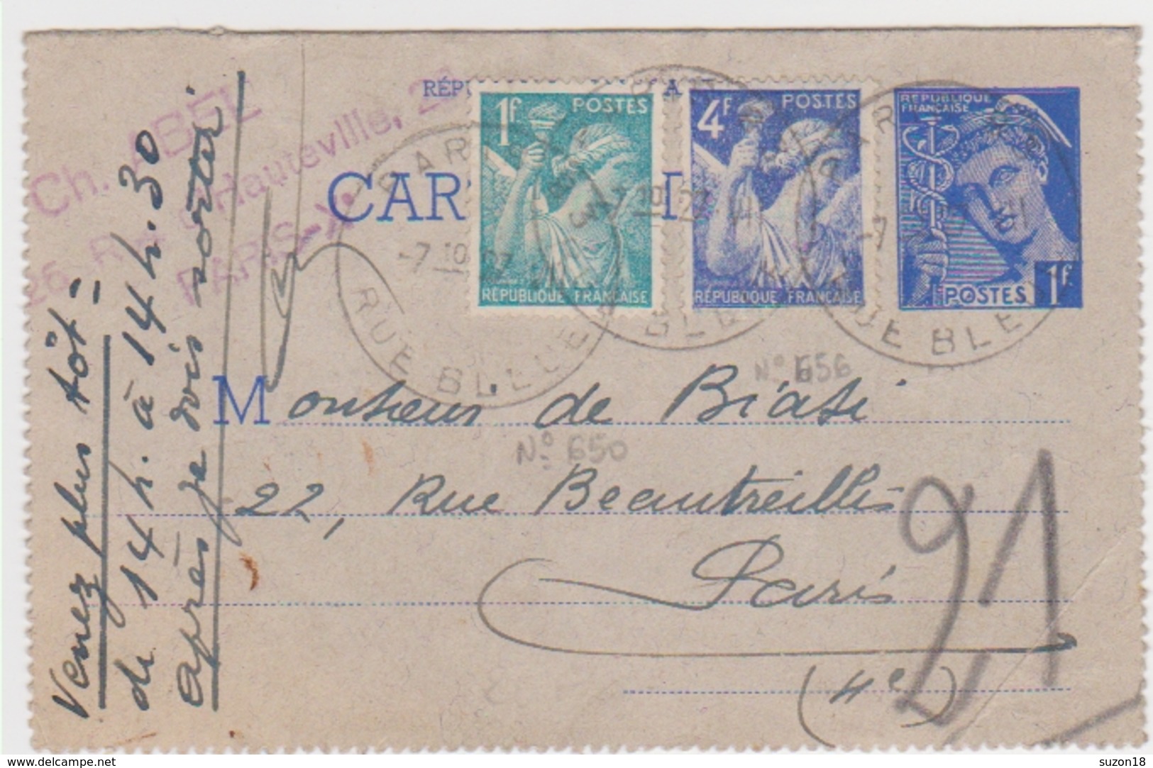 France - Carte-lettre - Mercure - Iris - Spe Cl1 - Cartoline-lettere