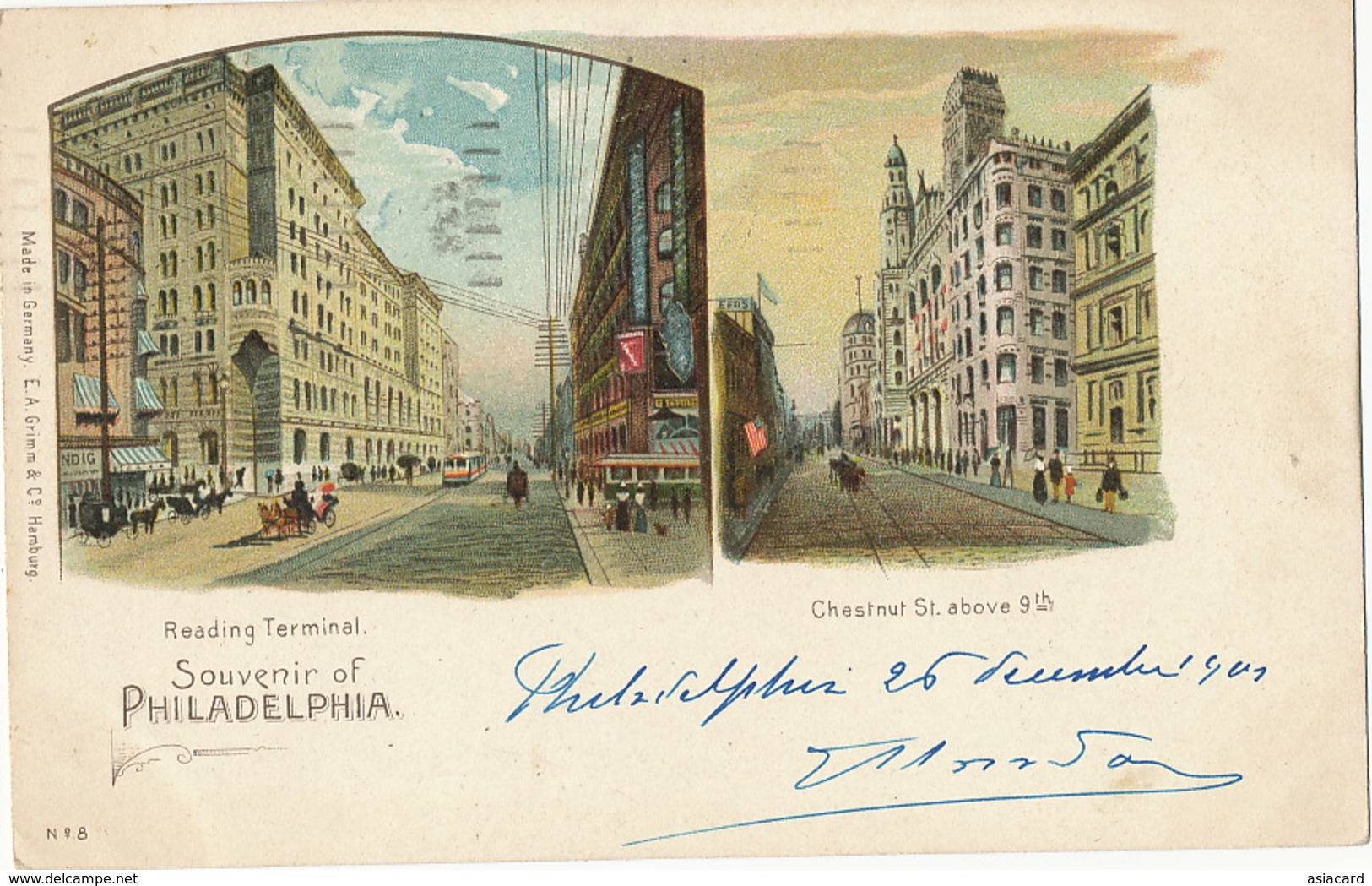 Pionneer Art Card Philadelphia  Litho 8 Grimm Hamburg Reading Terminal And Chesnut St. Used 1901 Tax France - Philadelphia