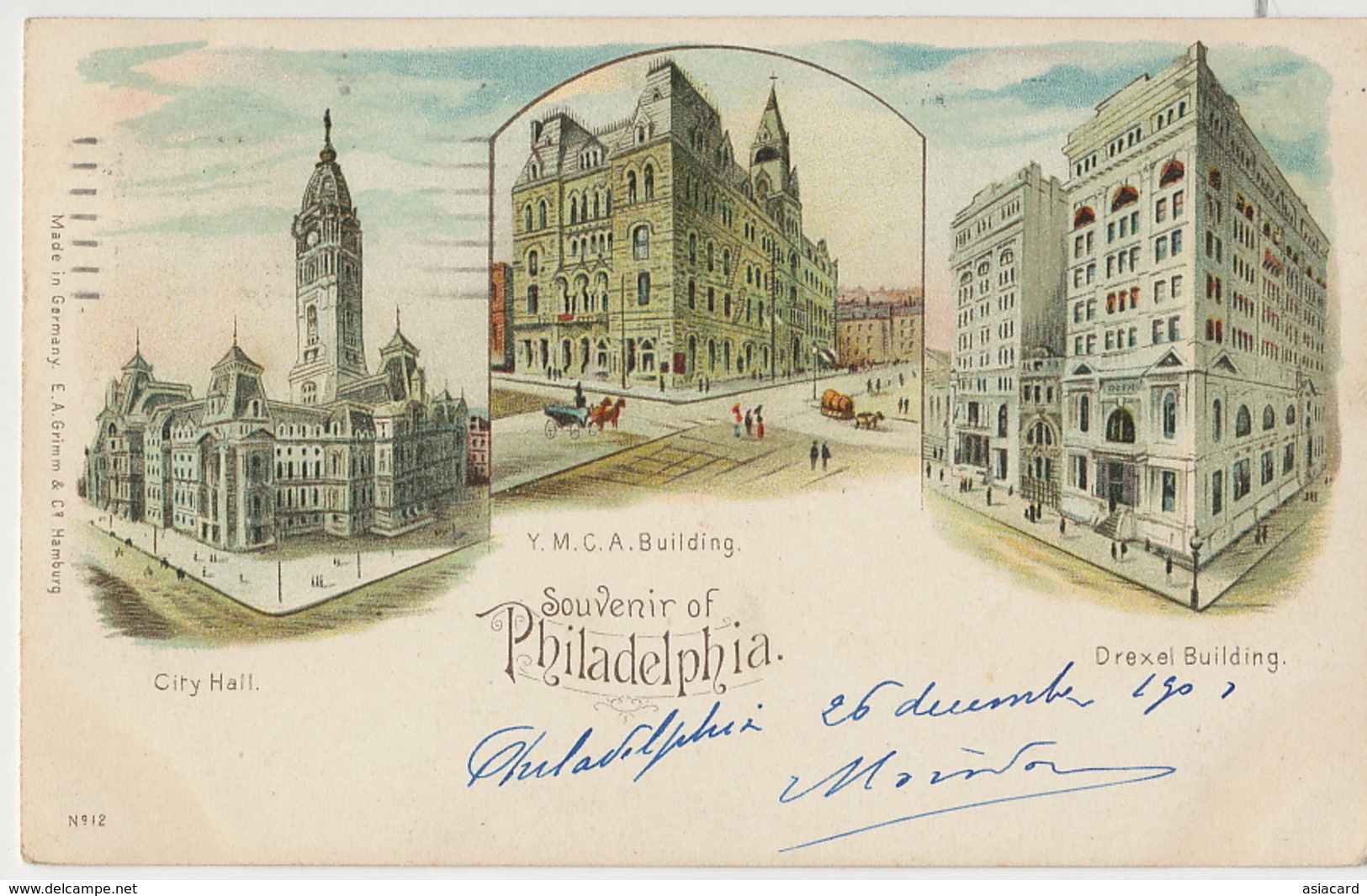 Pioneer Art Card Philadelphia Litho 12 Grimm Hamburg Y.M.C.A. Bld, Drexel Bld, City H Used 1901 Tax France - Philadelphia