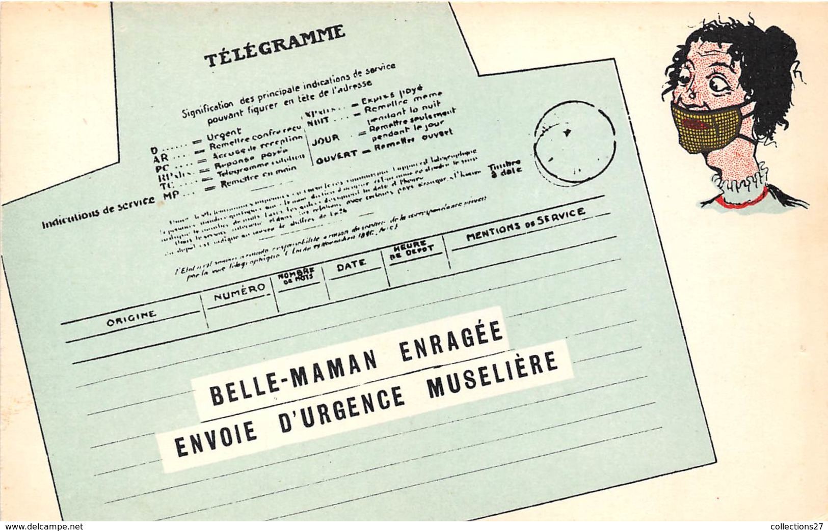 TELEGRAMME -BELLE-MAMAN- ENRAGEE ENVOIE D'URGENCE MUSELLIERE - Poste & Facteurs