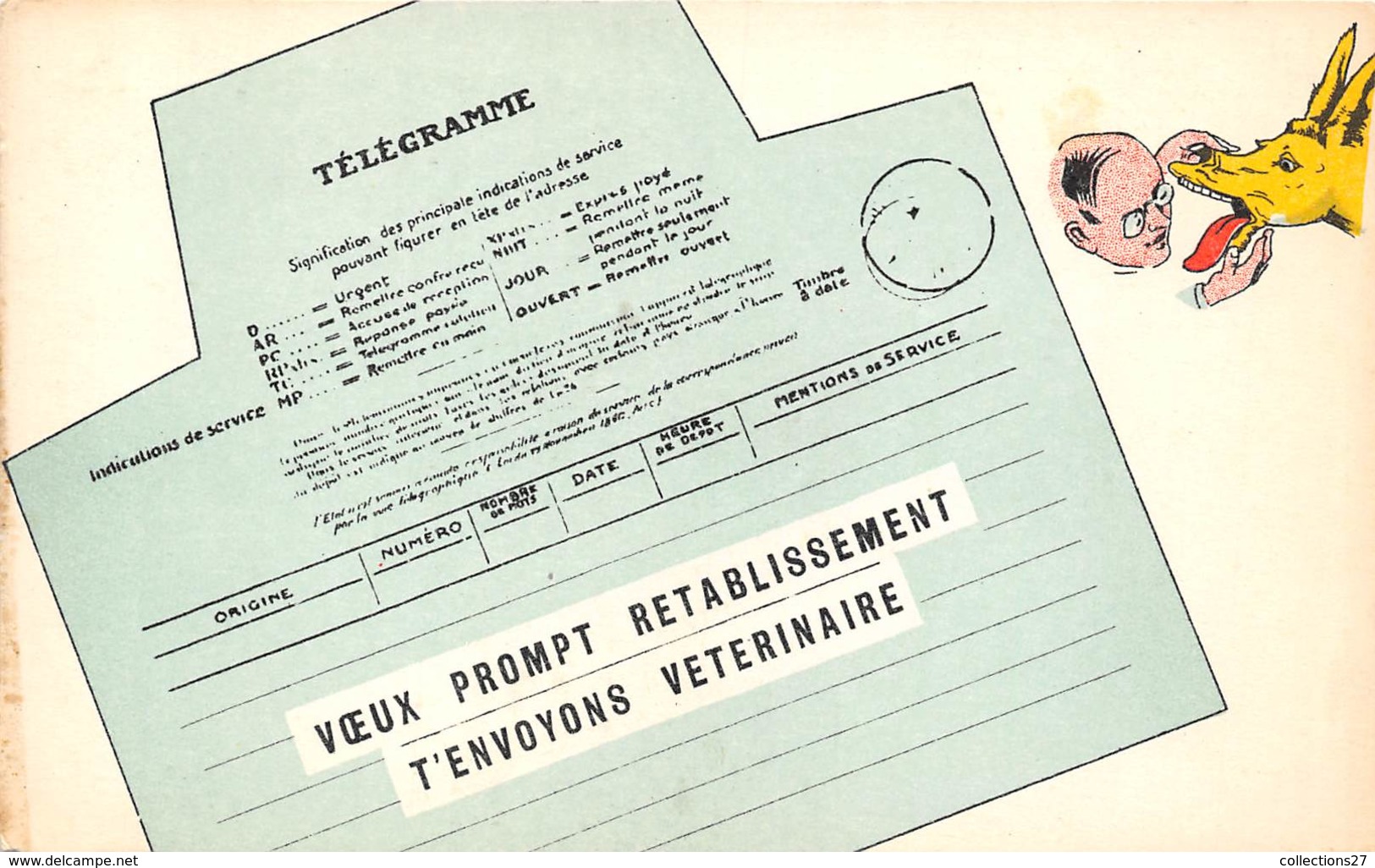 TELEGRAMME -VOEUX PROMPT RETABLISSEMENT T'ENVOYONS VETERINAIRE - Poste & Facteurs