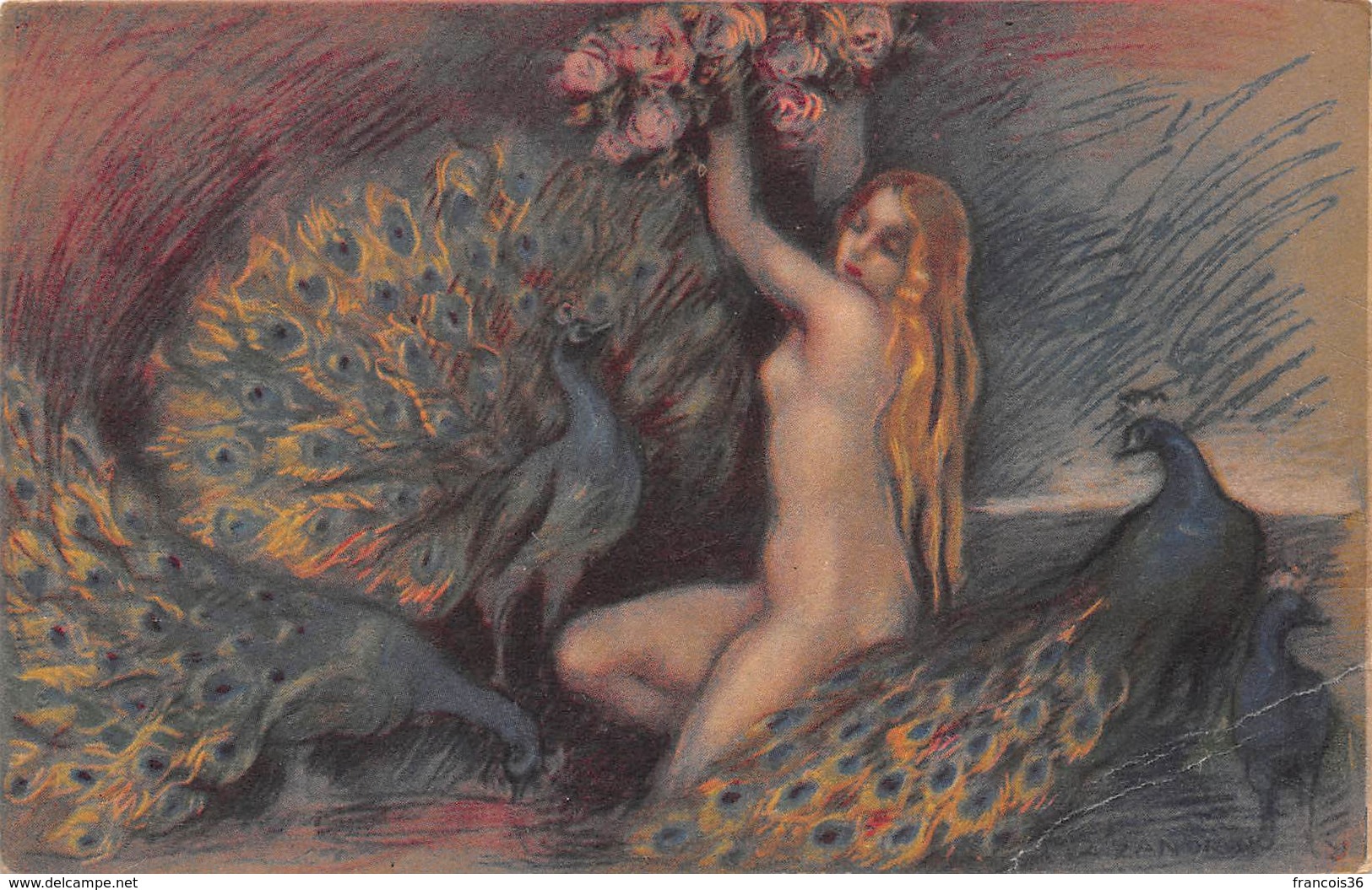 Illustration - Oiseau Paon Jeune Femme Nue Nu Nude - Par Adelina Zandrino - érotique - Oiseaux