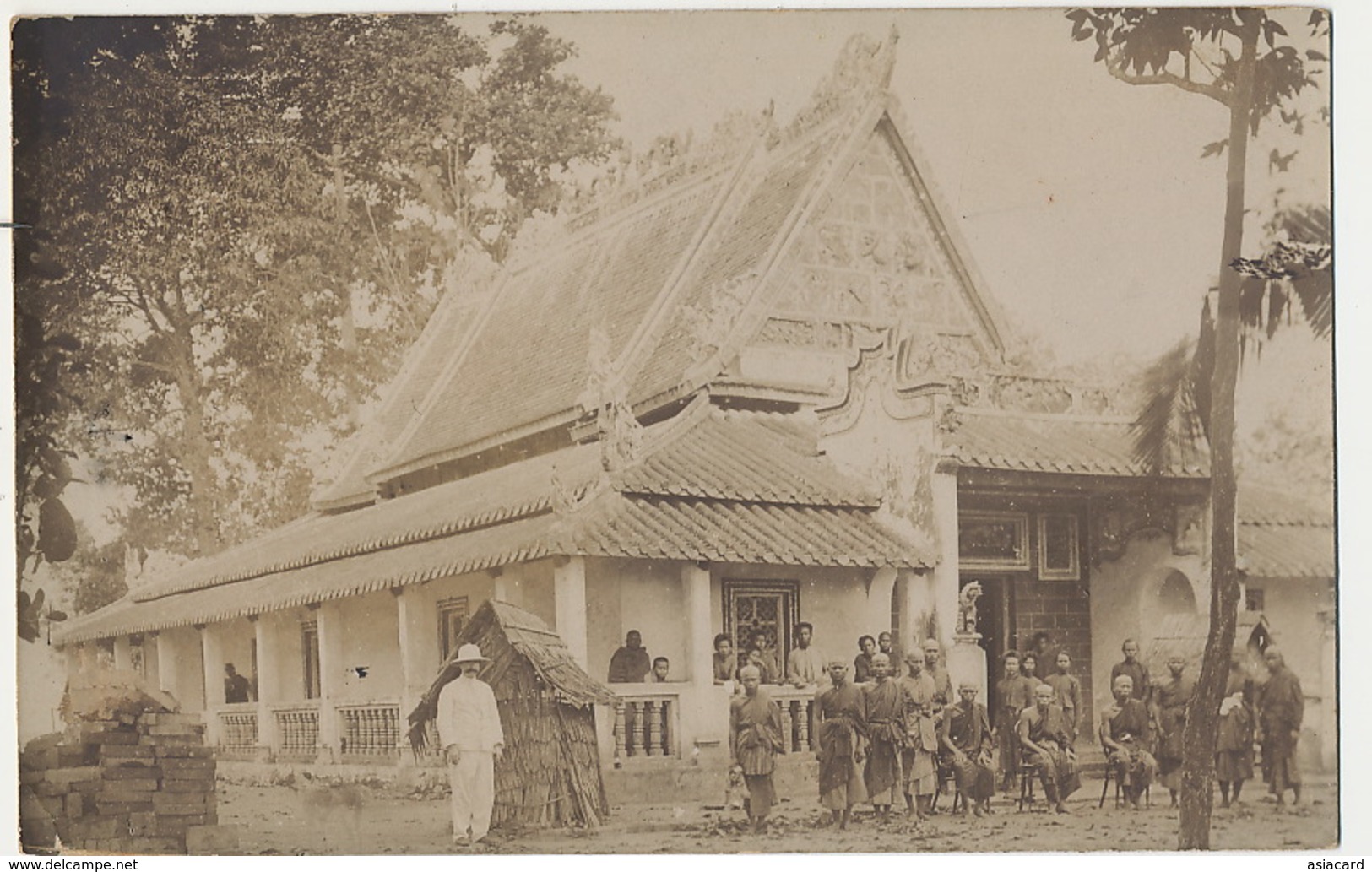 Real Photo Probably Laos Temple With Monks Used From Saigon 1904 - Laos