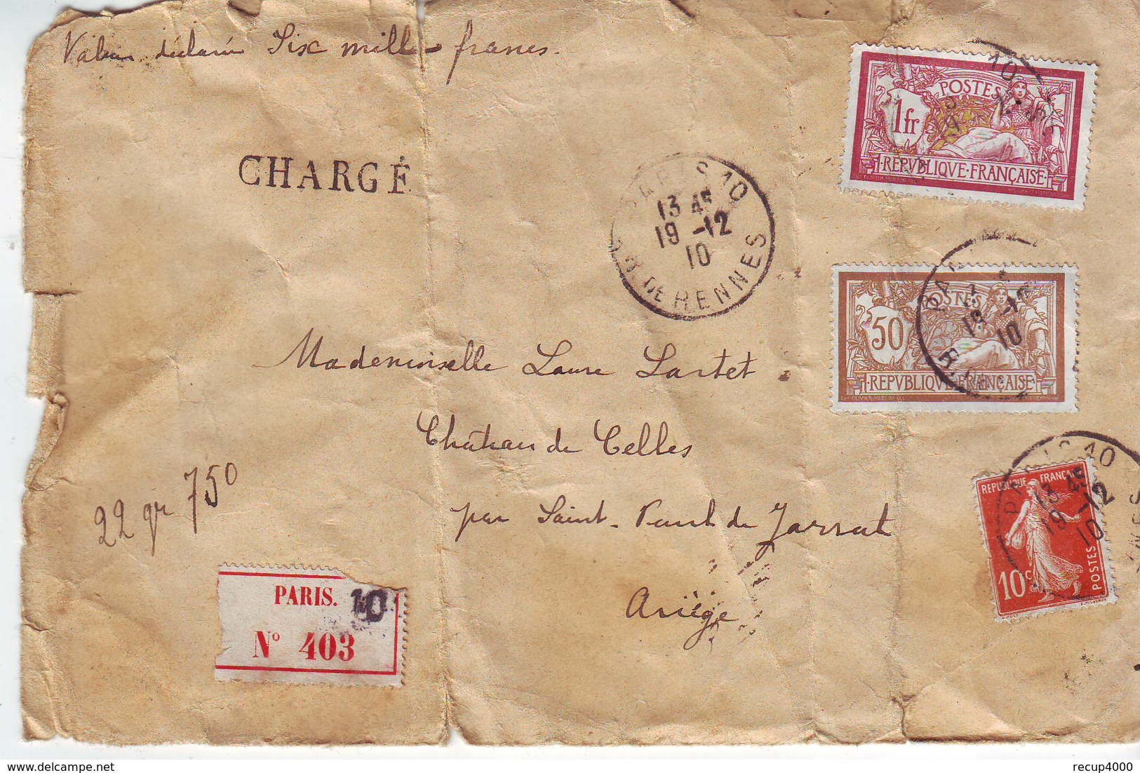 LETTRE Chargé 1910 V.d.six Milles Francs Semeuse 10c Rouge Et Merson 1f Et 50c   2scans - 1849-1876: Période Classique