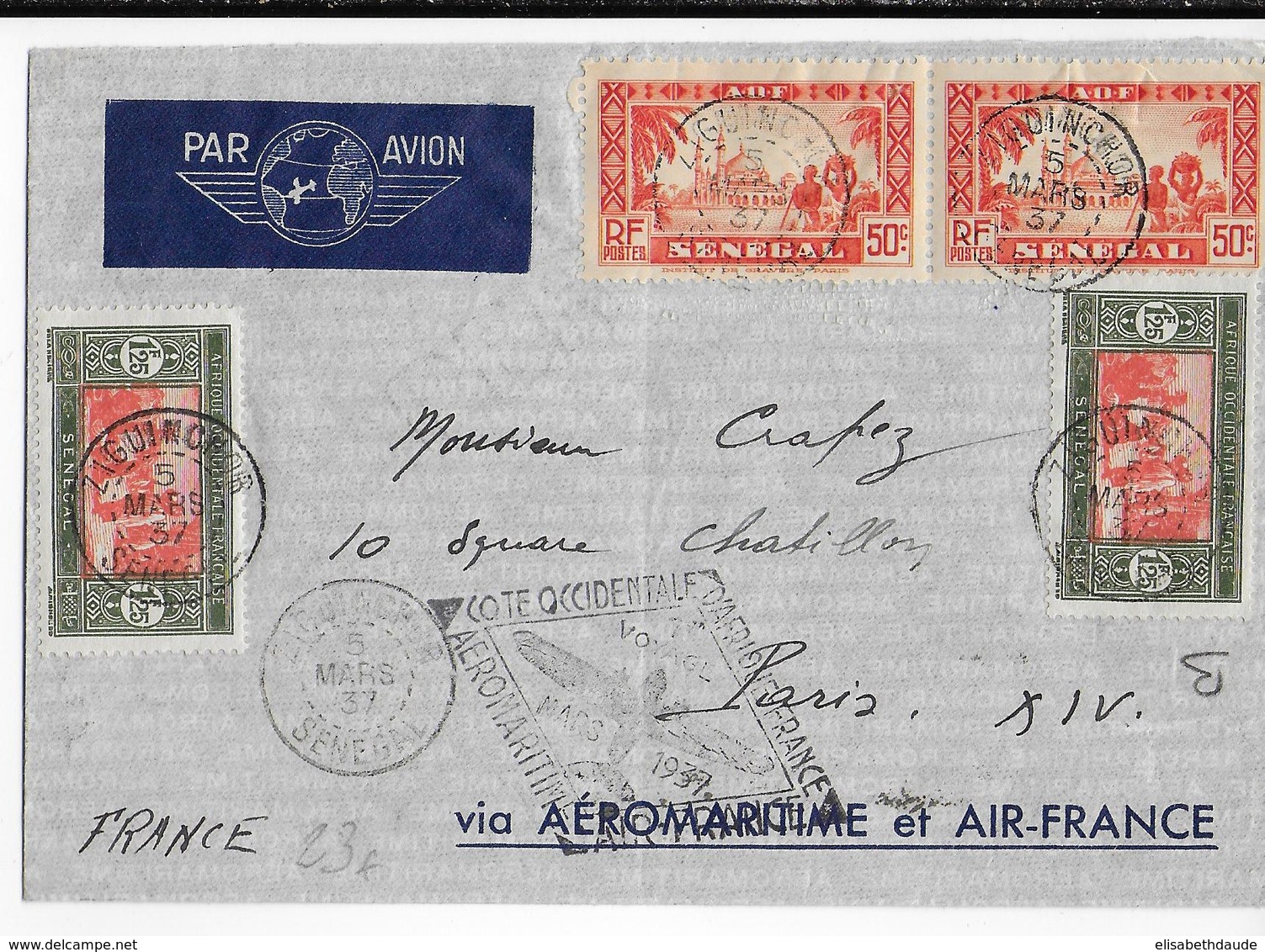 SENEGAL - 1937 - ENVELOPPE Par AVION De ZIGUINCHOR => PARIS Via AEROMARITIME Et AIR FRANCE - Storia Postale