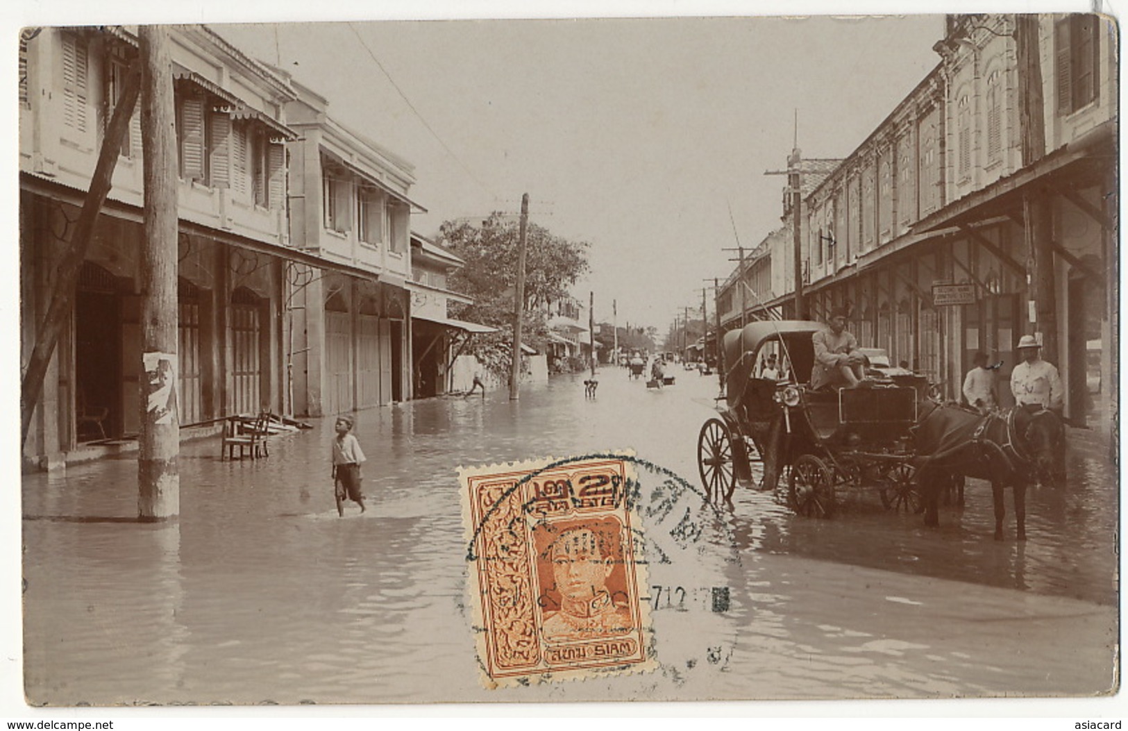 Bangkok  Siam  Real Photo  Carriage In A Street Floods P. Used Stamp 7 December 1917 - Tailandia