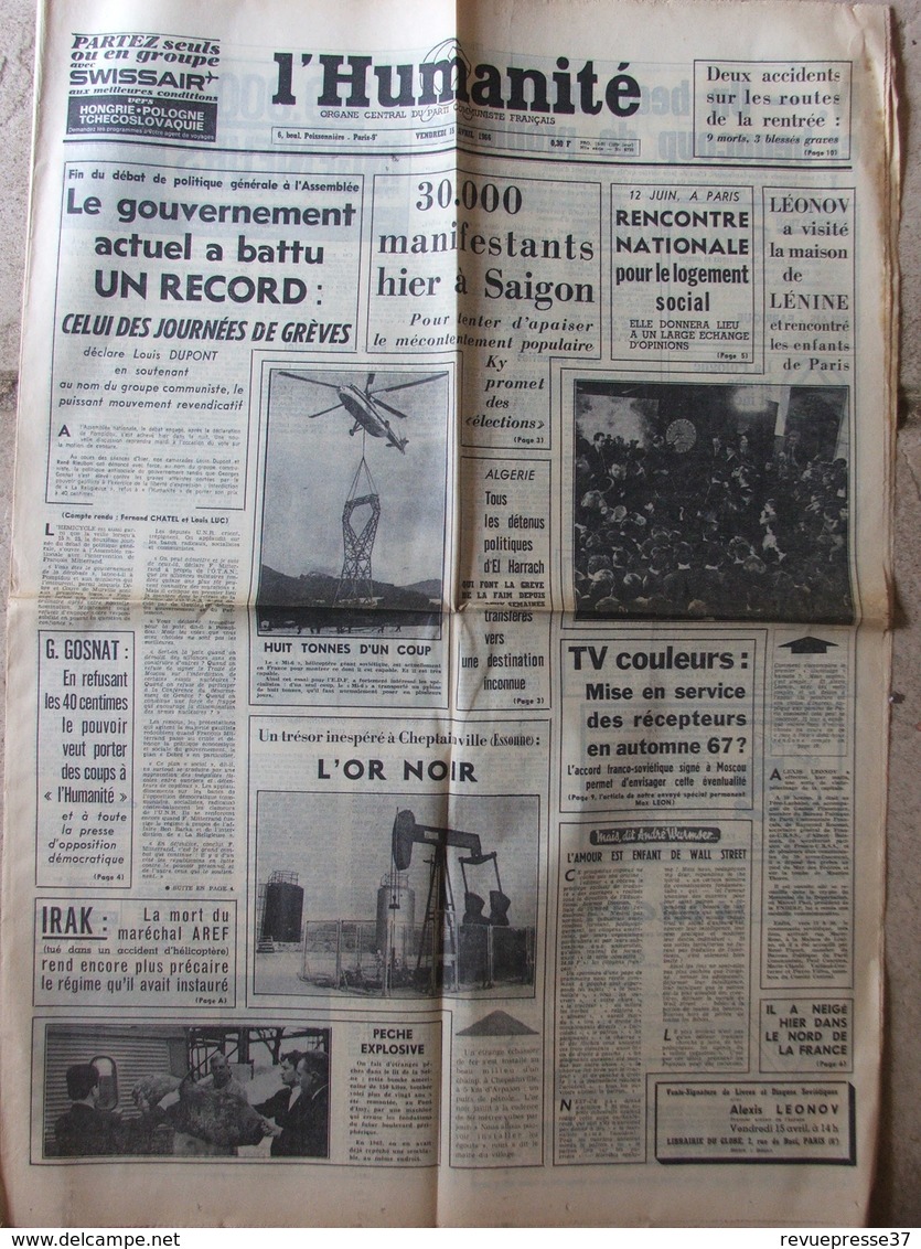 L'Humanité 15 Avril 1966 - Logement Social - L'or Noir De Cheptainville - TV Couleurs - Ingénieurs - Saïgon - 1950 à Nos Jours