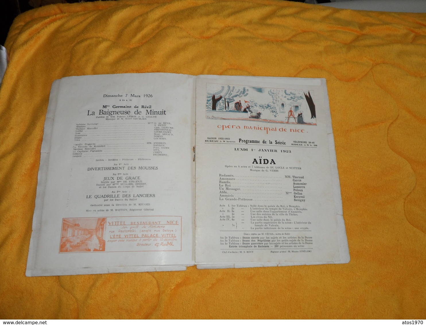 LIVRET PROGRAMME ANCIEN DE 1923 ET 1926. / PUBLICITE BOUTIQUES DE NICE, PEUGEOT, LAURENT...LA BAIGNEUSE DE MINUIT, AIDA,