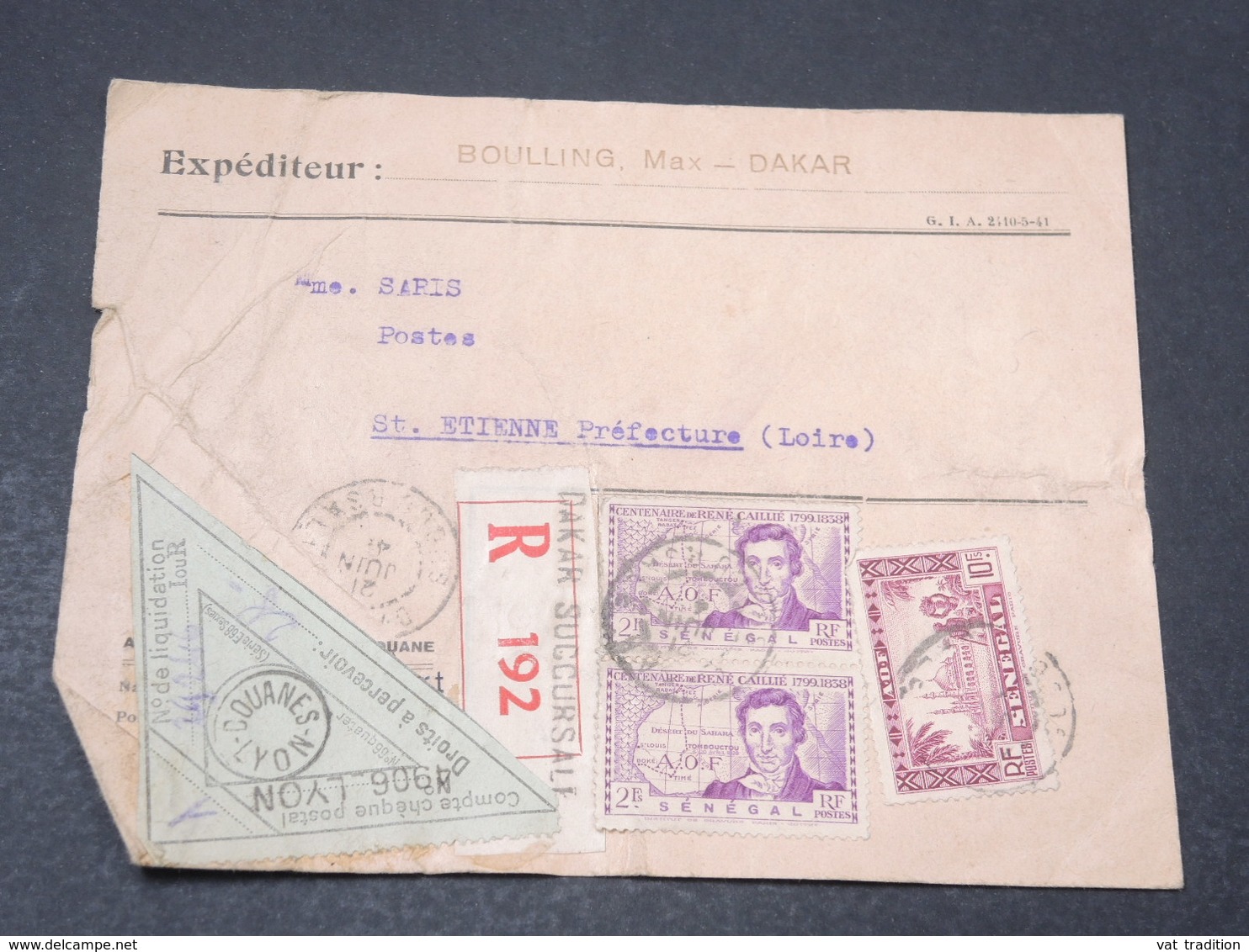 SÉNÉGAL - Enveloppe ( Devant ) En Recommandé De Dakar Avec étiquette De Douane De Lyon - L 17190 - Lettres & Documents