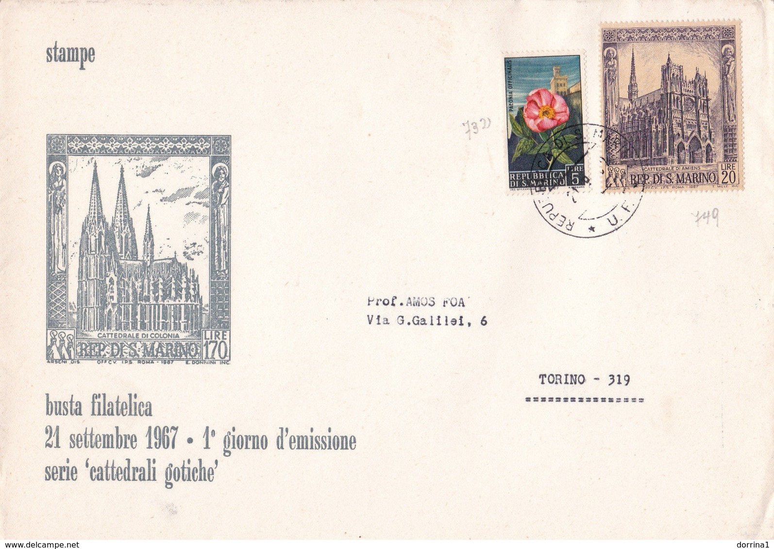 San Marino 1967 Cover To Torino Italy - Busta Filatelica Cattedrali Gotiche - Cartas & Documentos