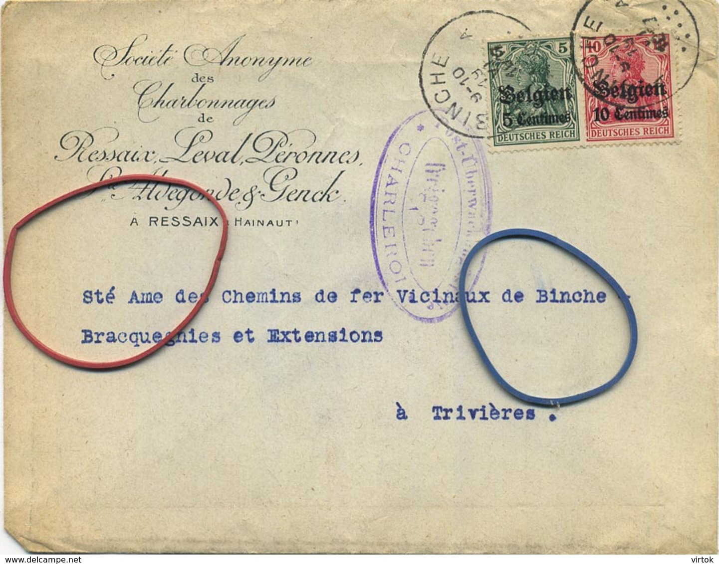 Old Enveloppe : Charbonages De Ressaix-Leval-Péronnes ( 2 Scans )  Binche ( Timbres Deutches Reich ) - Sobres-cartas