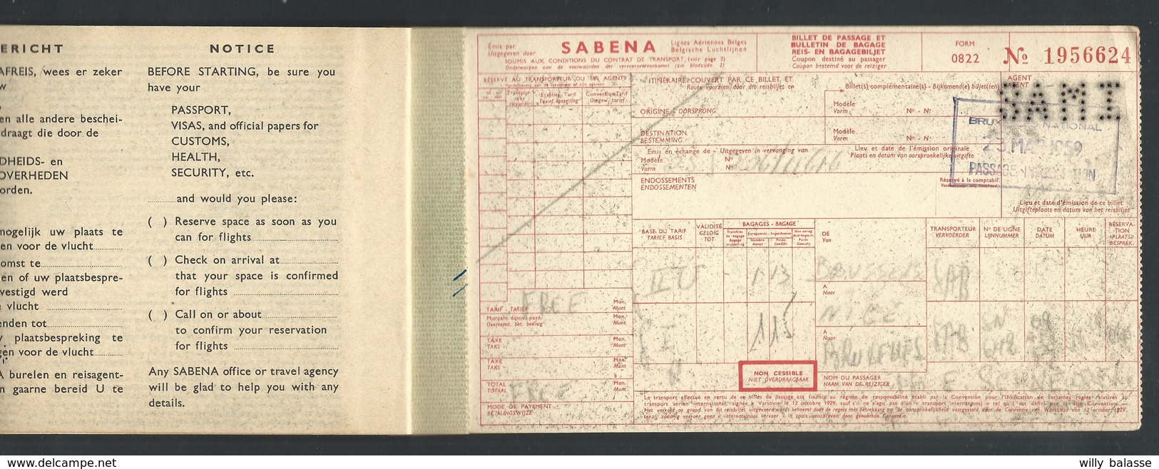 +++  Document - SABENA - Billet De Vol - Avion Aviation - Pub Publicité GEVAERT Film - 1959   // - Autres & Non Classés