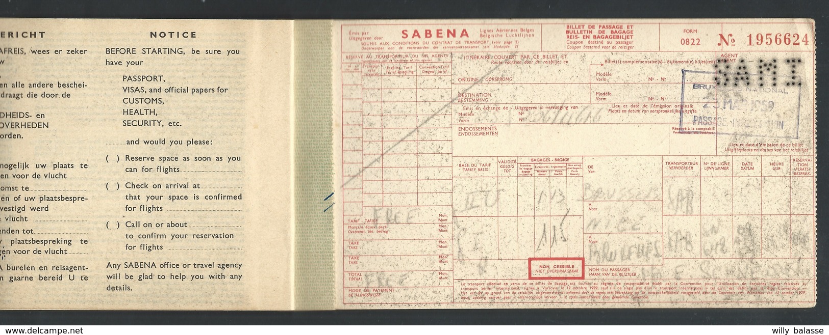 +++  Document - SABENA - Billet De Vol - Avion Aviation - Pub Publicité GEVAERT Film - 1959   // - Andere & Zonder Classificatie