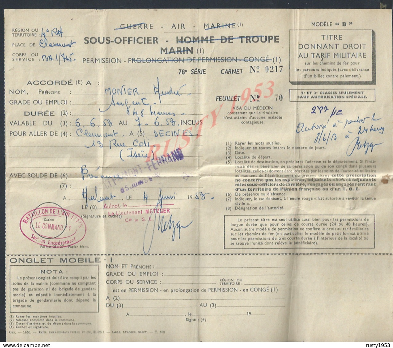 AVIATION PERMISSION SOUS OFFICIER DE L AIR À Mr MONIER ANDRÉ TAMPON BATAILLON DE LAIR AULNAT 1953 & CLERMONT FERRAND : - Aviation