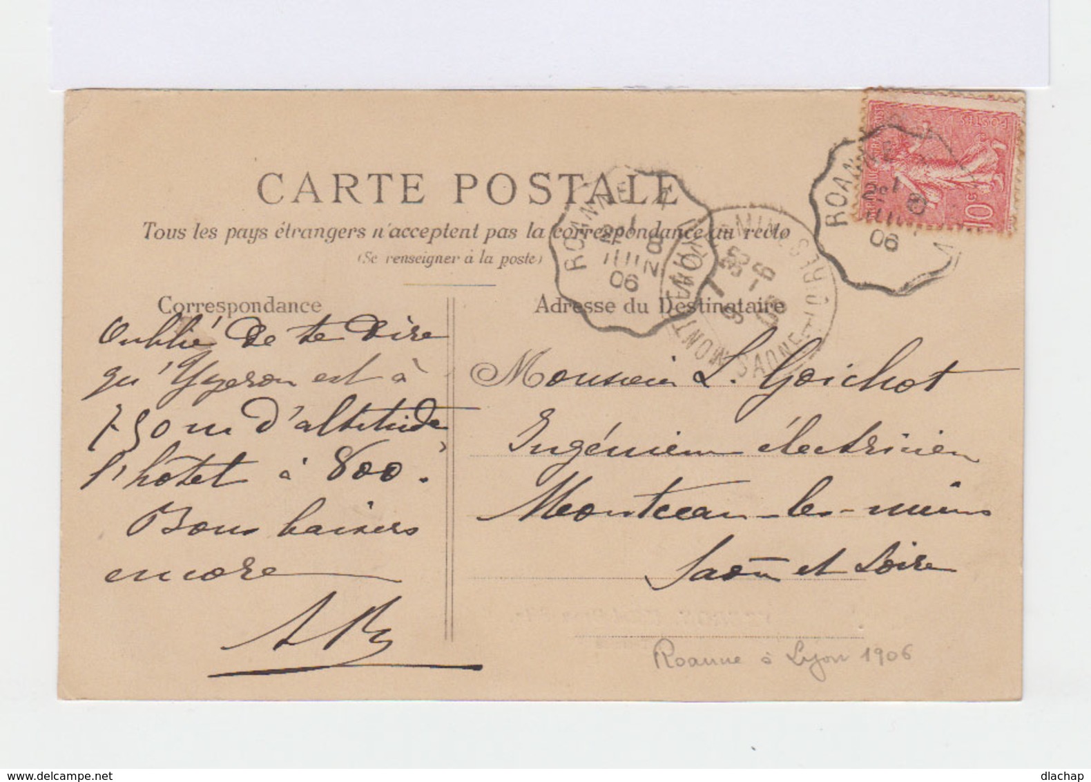 Sur CPA Yzeron Semeuse Lignée 10 C. Cachet Ambulant Roanne à Lyon 1906. (2843) - Poste Ferroviaire