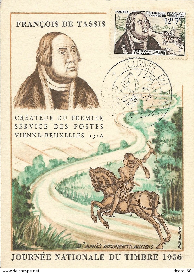 Carte Maximum Fdc, France, N°1054 Yt, Journée Du Timbre 1956, François De Tassis, Courrier à Cheval, Amiens - 1950-1959