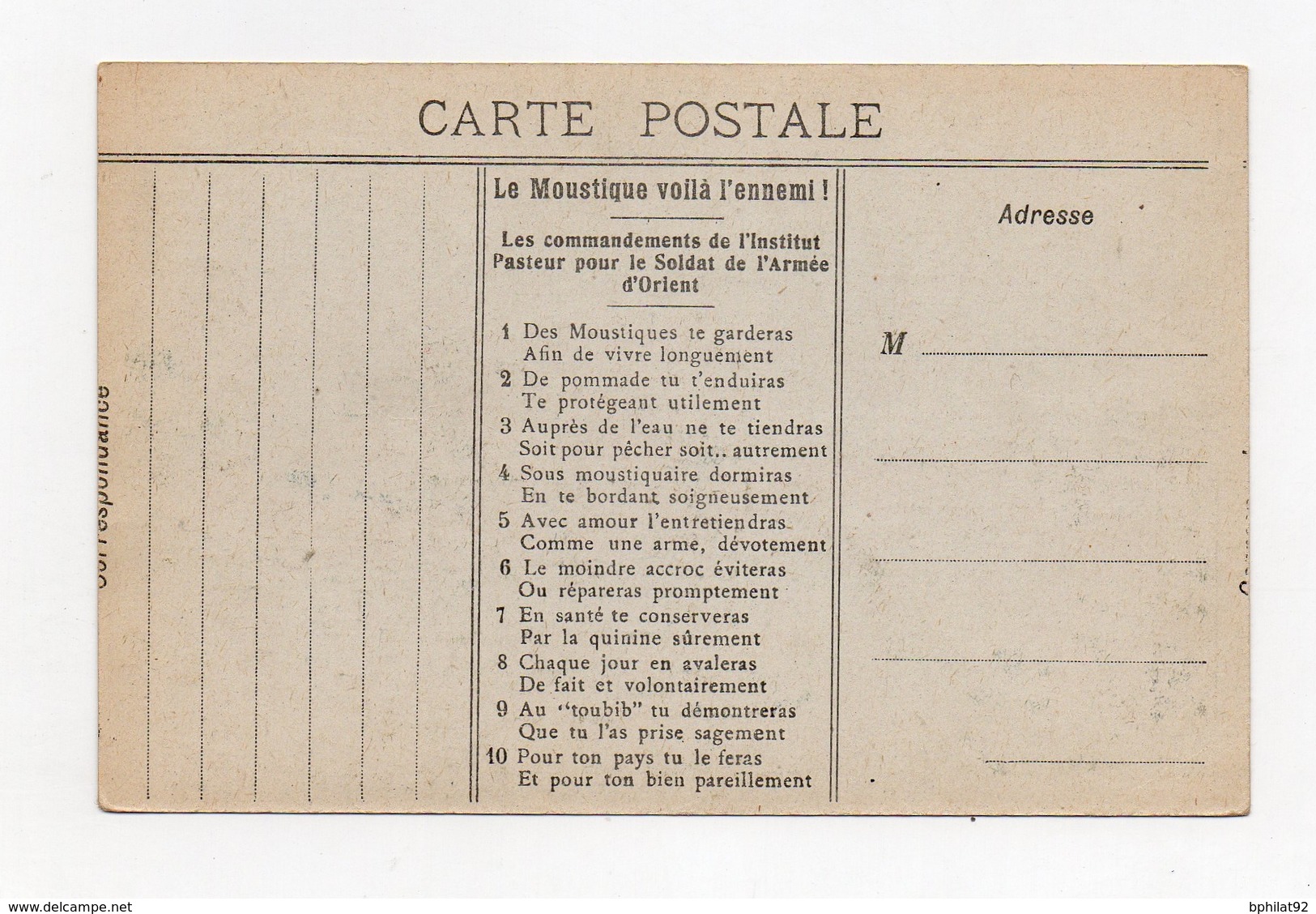 !!! CARTE DE LUTTE CONTRE LE PALUDISME DESTINEE AUX TROUPES DE L'ARMEE D'ORIENT DESSINEE PAR GUILLAUME - Disease