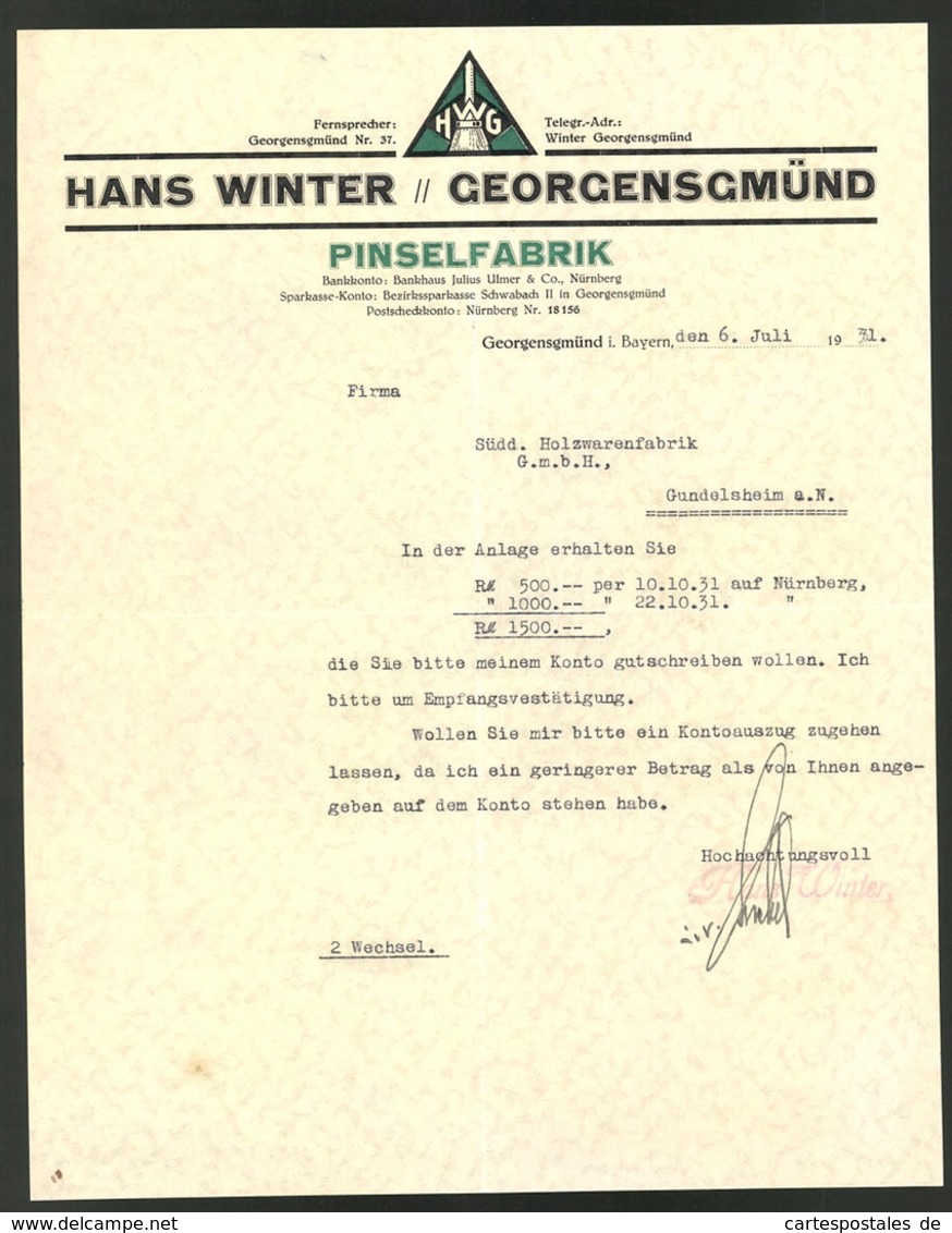 Briefkopf Georgensgmünd 1931, Pinselfabrik Hans Winter, Firmenlogo - Sonstige & Ohne Zuordnung