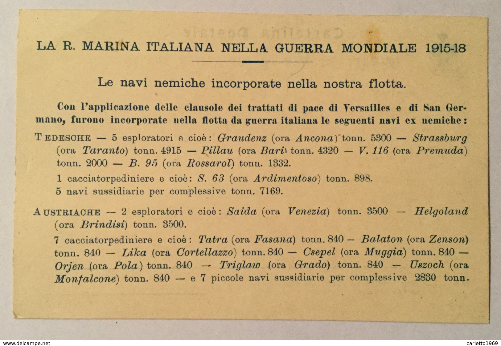 REGIA MARINA - LE NAVI NEMICHE INCORPORATE NELLA NOSTRA FLOTTA I  NV FP - Guerra 1914-18