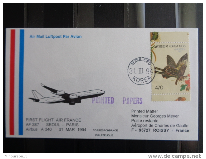 1er VOL AIR FRANCE AF 287 - SEOUL-PARIS A 340 - 1960-.... Covers & Documents