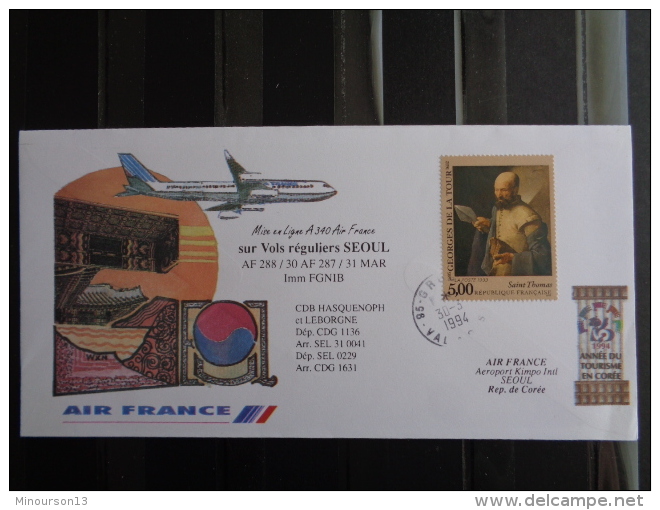 MISE EN LIGNE A 340 AIR FRANCE SUR VOLS REGULIERS SEOUL - 1960-.... Covers & Documents