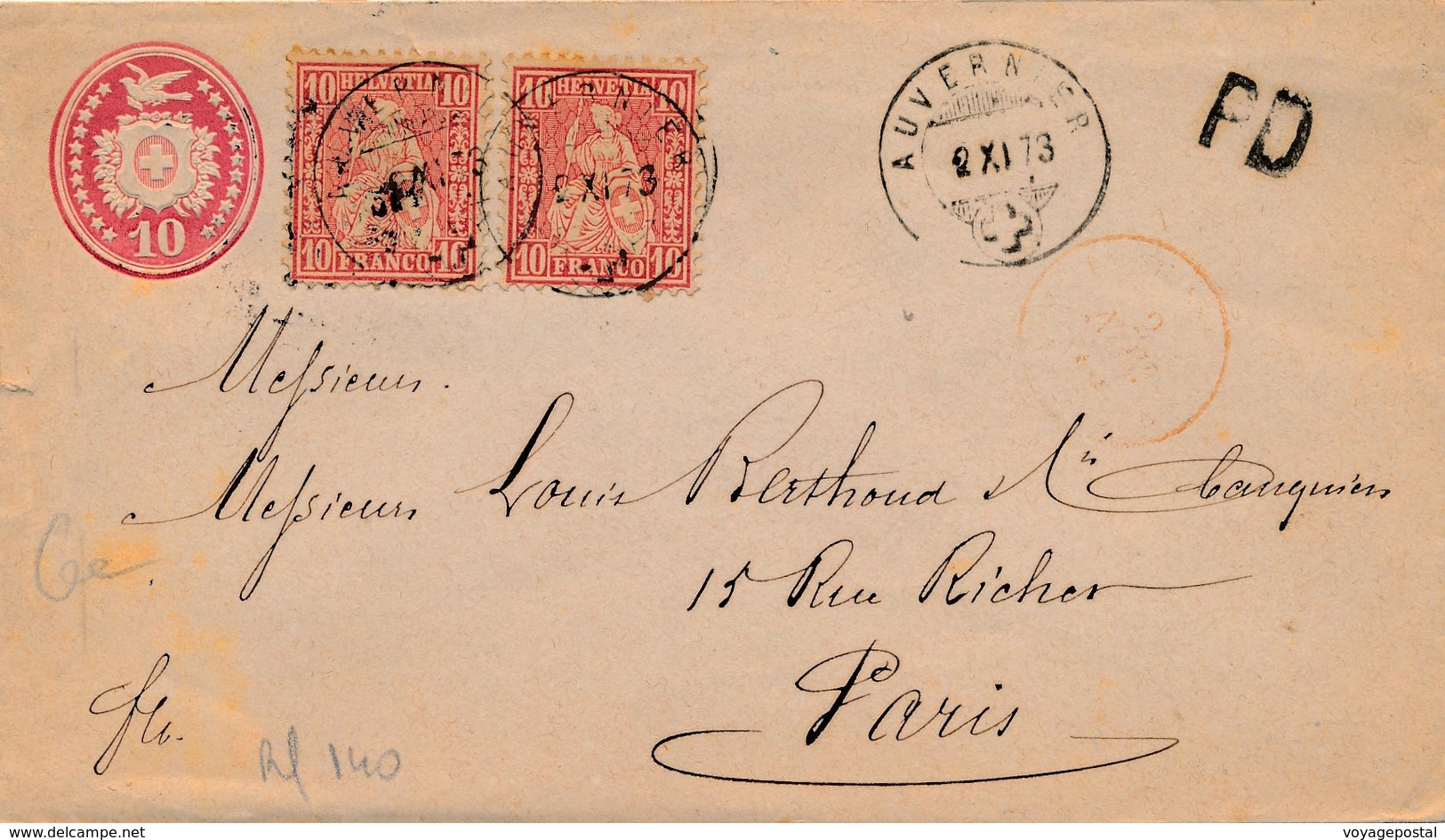 Entier Postal + Complement Auvernier Pour Paris 1873 - Interi Postali