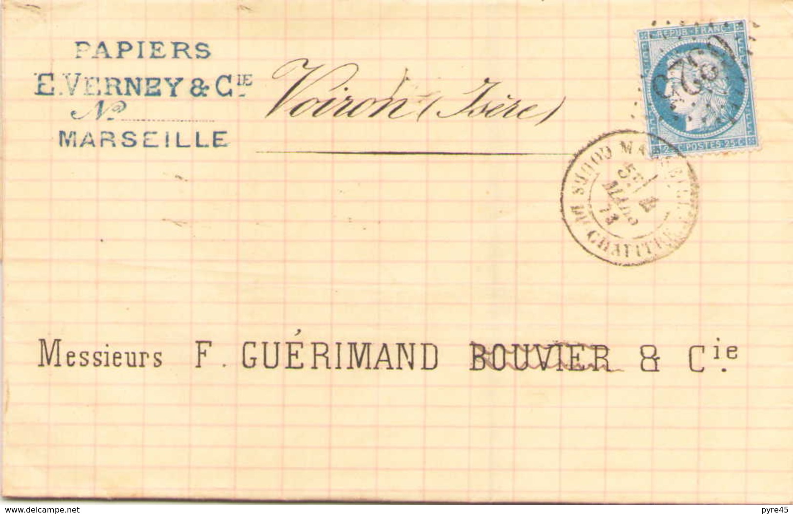 Enveloppe Du 4 Mars 1873 De Marseille Cours Du Chapitre Pour Voiron, LGC 6325, TP N° 60 - 1849-1876: Période Classique