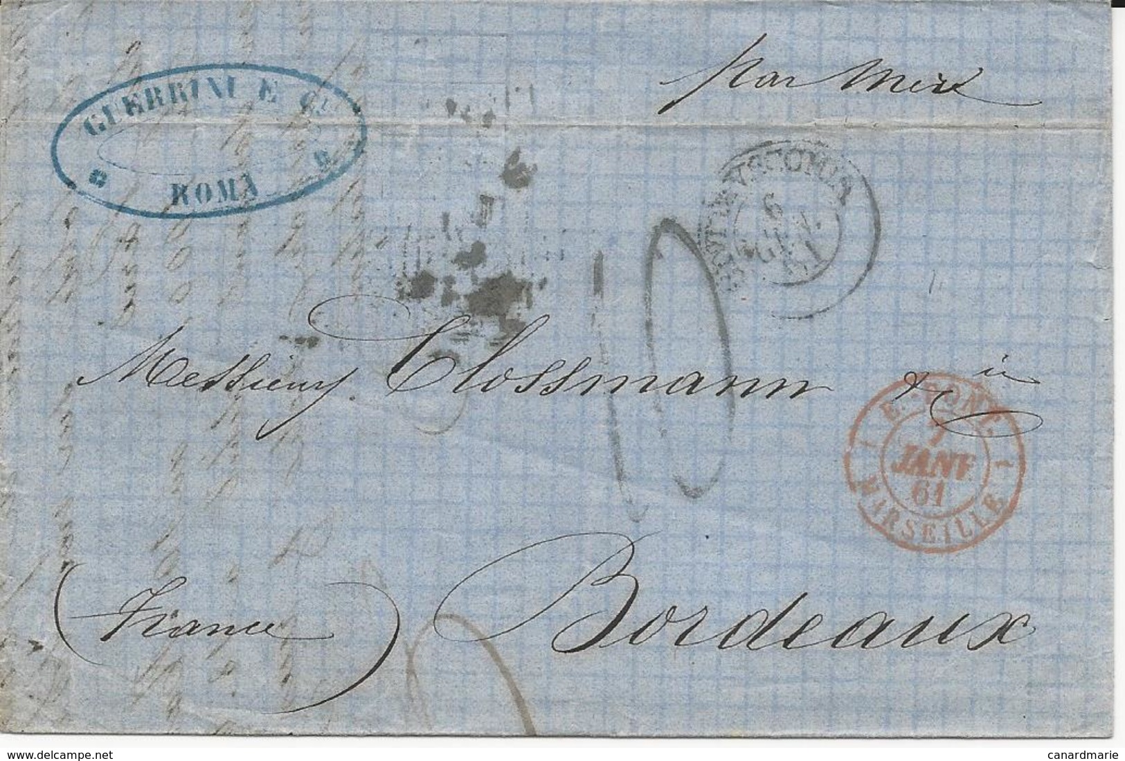 LETTRE 1861 AVEC CACHET D'ENTREE ROUGE E.PONT. MARSEILLE - Marques D'entrées