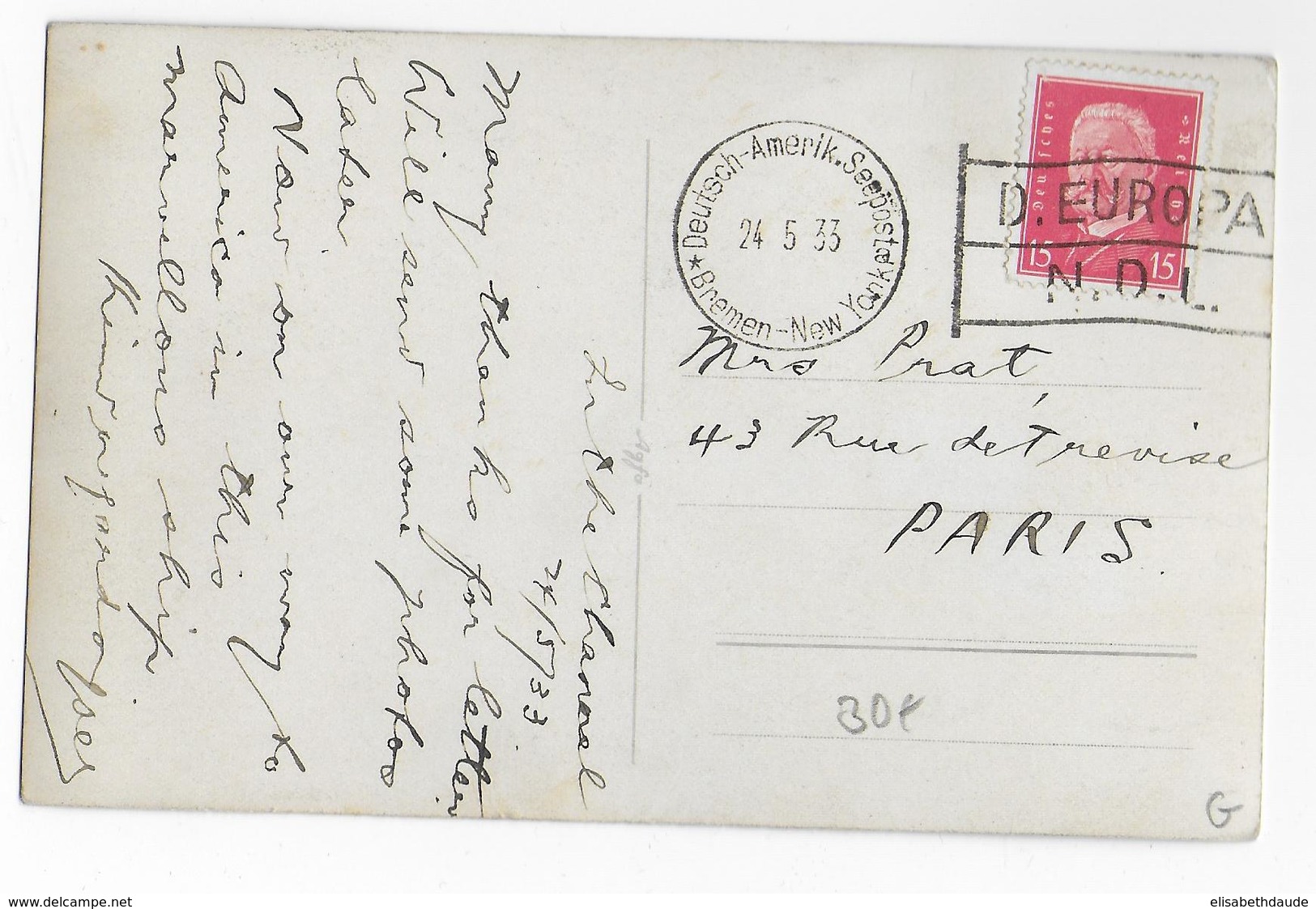 1933 - POSTE MARITIME : LIGNE BREMEN à NEW YORK - LETTRE Du PAQUEBOT "EUROPA" Avec MECA => PARIS - Maritime Post