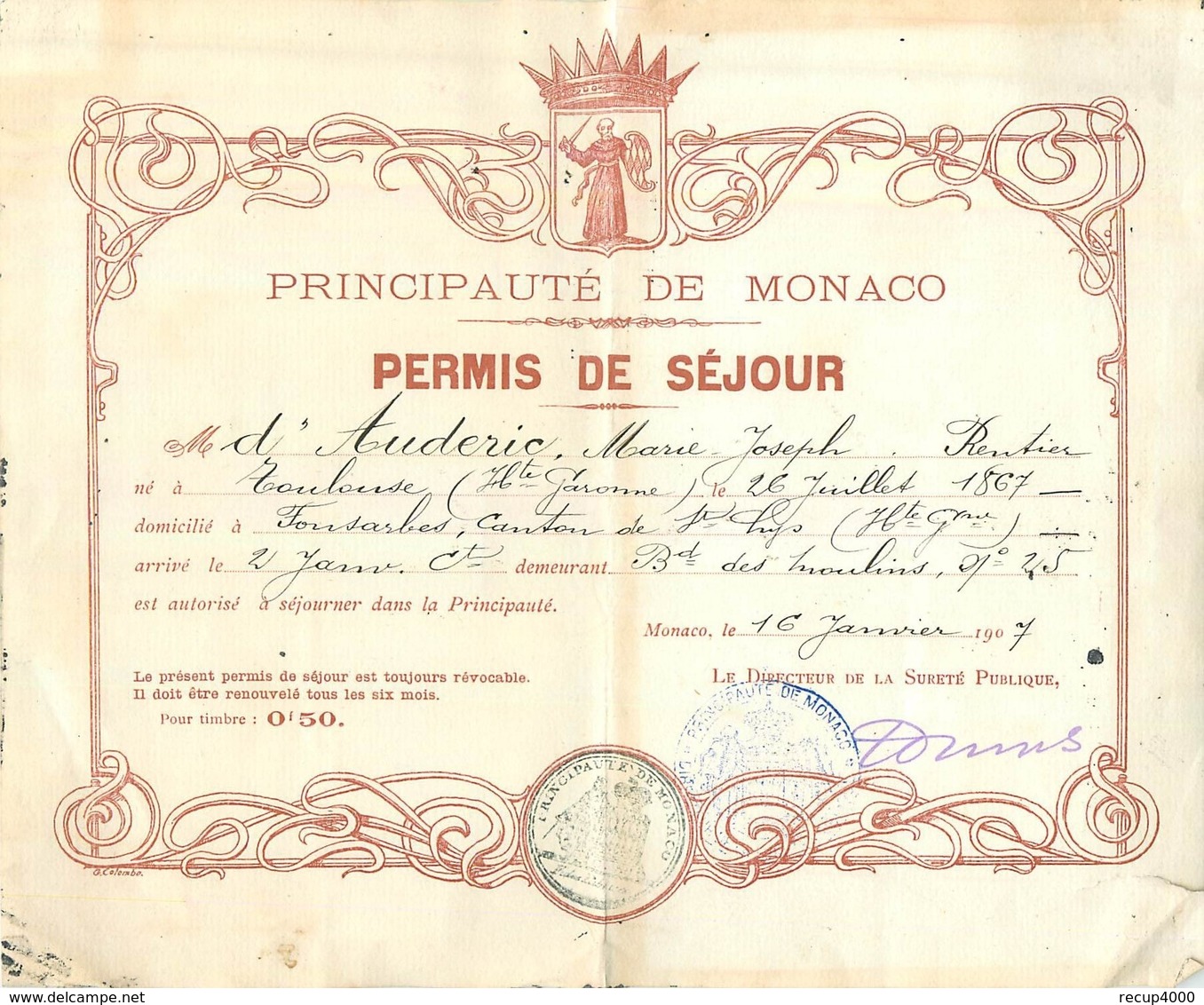 MONACO Permis De Séjour 1907 2scans - Decrees & Laws