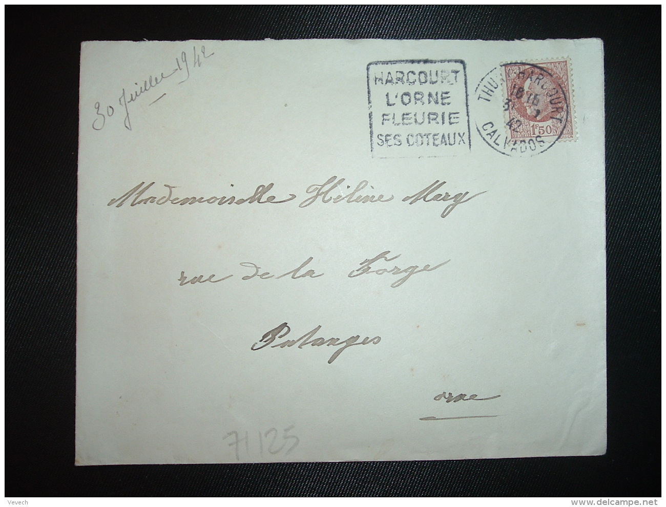 LETTRE TP PETAIN 1F50 OBL. DAGUIN 31-7 42 THURY-HARCOURT CALVADOS (14) L'ORNE FLEURIE SES COTTEAUX - Guerre De 1939-45