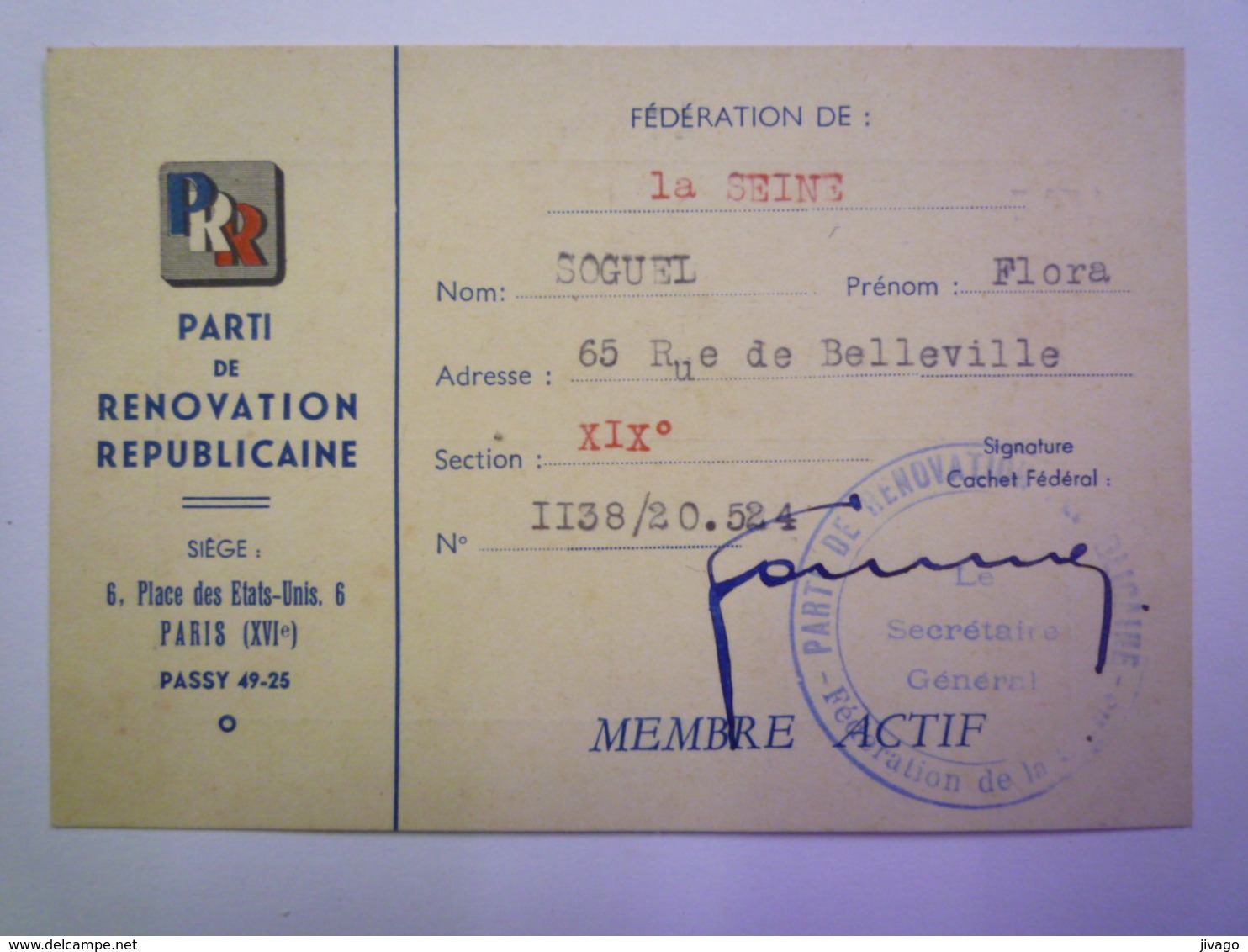 PARTI De RENOVATION REPUBLICAINE  :  CARTE De MEMBRE ACTIF  1945    - Non Classés