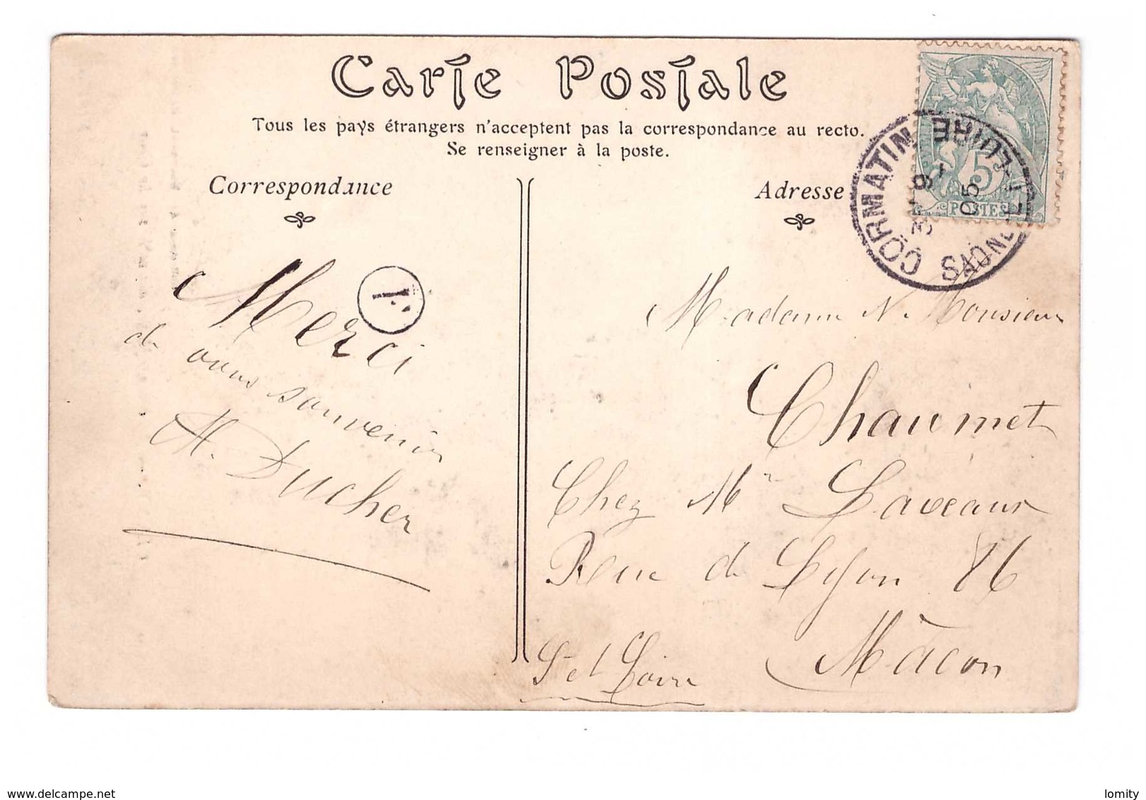 Marcophilie Cachet Cormatin Saone Et Loire 1905 Avec Indicatif Boite Rurale A - Pour Macon - Timbre Type Blanc Sur Cpa - 1877-1920: Période Semi Moderne