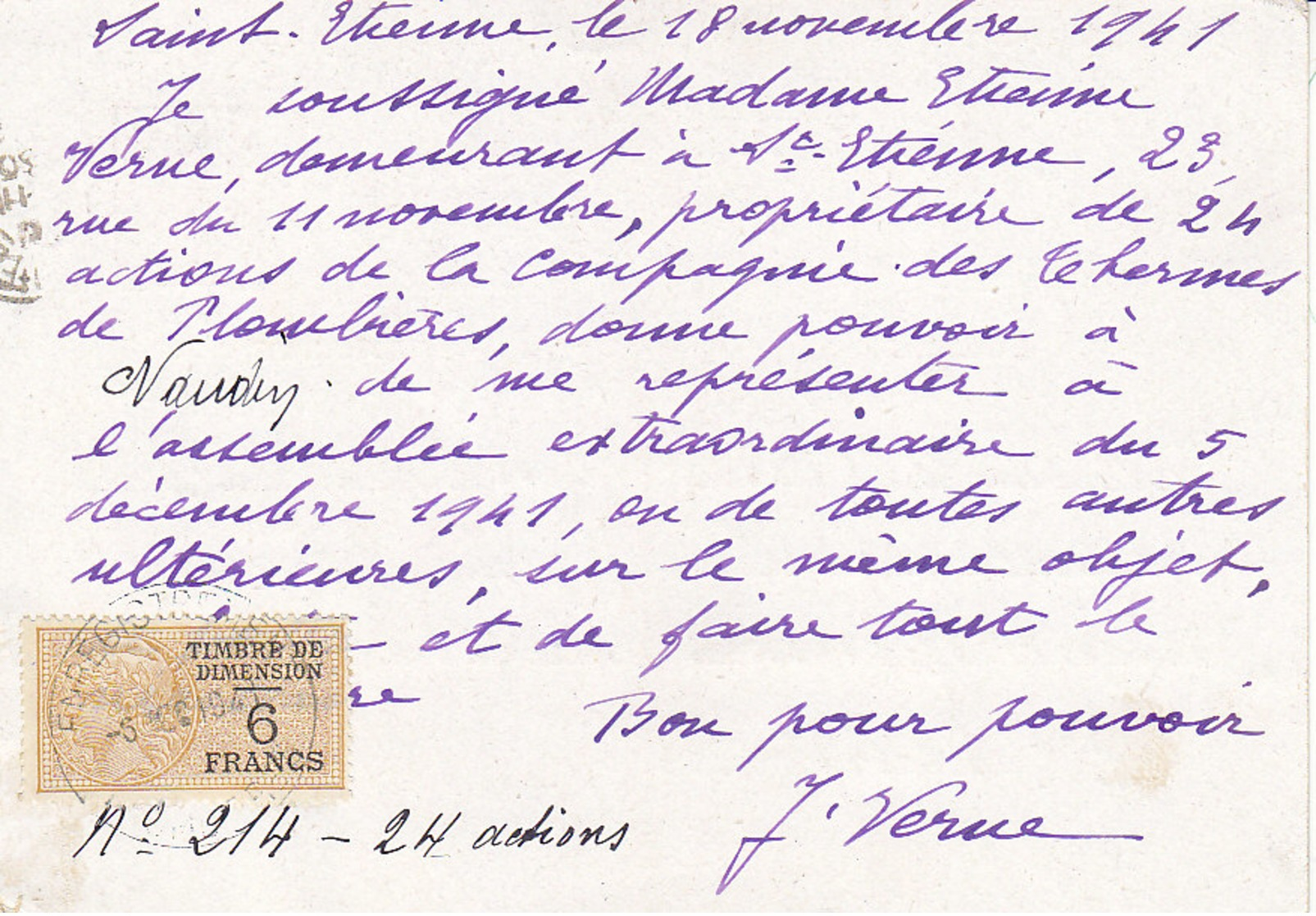 Thermes De Plombières , Vosges ,un Actionnaire Donne Pouvoir Sur Carte Pétain,timbre Fiscal ,1941 ,2 Scans. - Cartes Postales Types Et TSC (avant 1995)