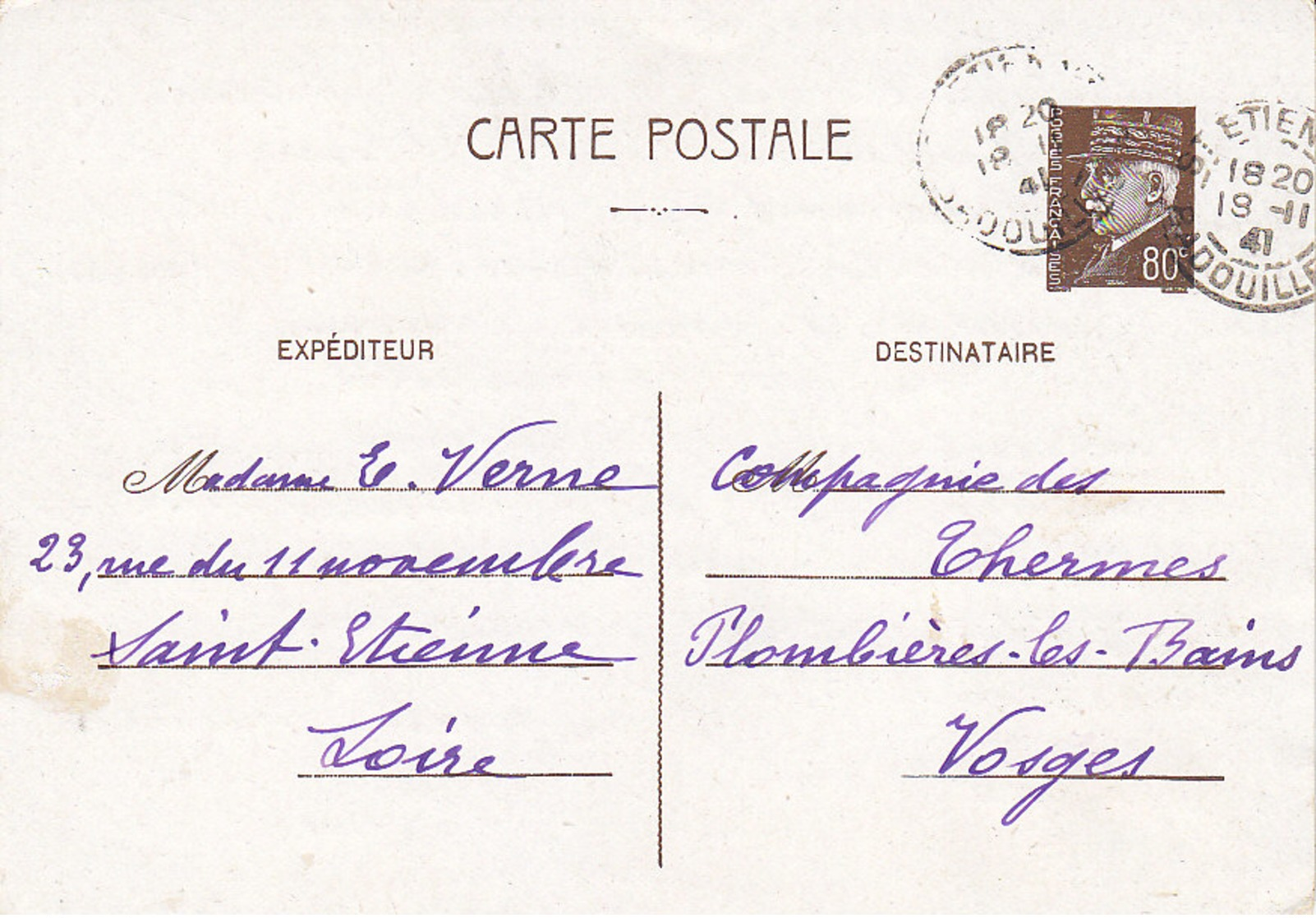 Thermes De Plombières , Vosges ,un Actionnaire Donne Pouvoir Sur Carte Pétain,timbre Fiscal ,1941 ,2 Scans. - Cartes Postales Types Et TSC (avant 1995)