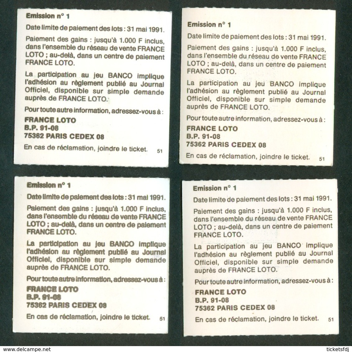 Grattage FDJ - Série Complète BANCO 51 - La Toute Première émission 1990 - Lottery Tickets