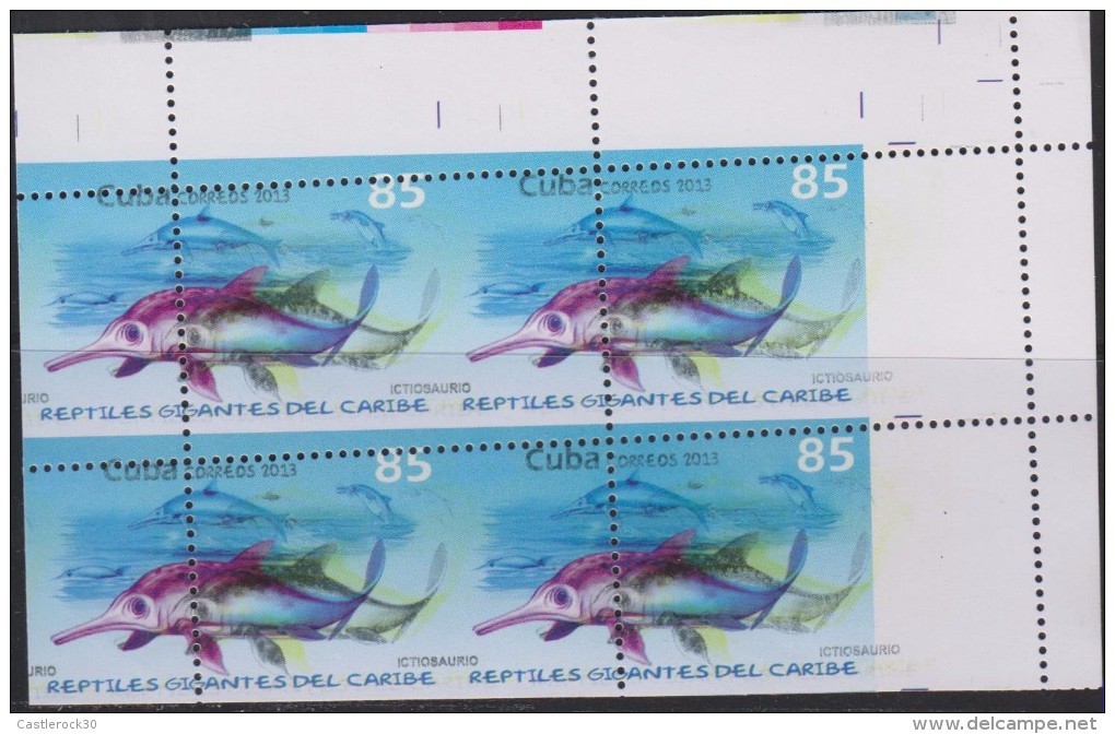 RO) 2013 CUBA-CARIBE,ERROR -DISTORTED IMAGE,PREHISTORIC ANIMAL- GIANT REPTILES ICTIOSAURIO - SAUROPSIDOS DAPSIDOS,LIZARD - Imperforates, Proofs & Errors