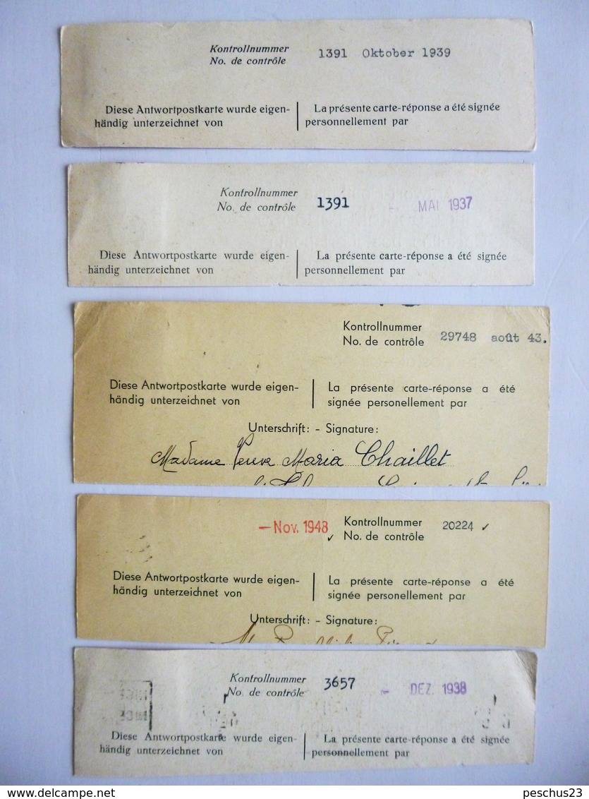 SUISSE / SCHWEIZ / SWITZERLAND // 1937-48, Lot: 5 CP Réponse (fragments), Avec Timbres De Service - Dienstzegels