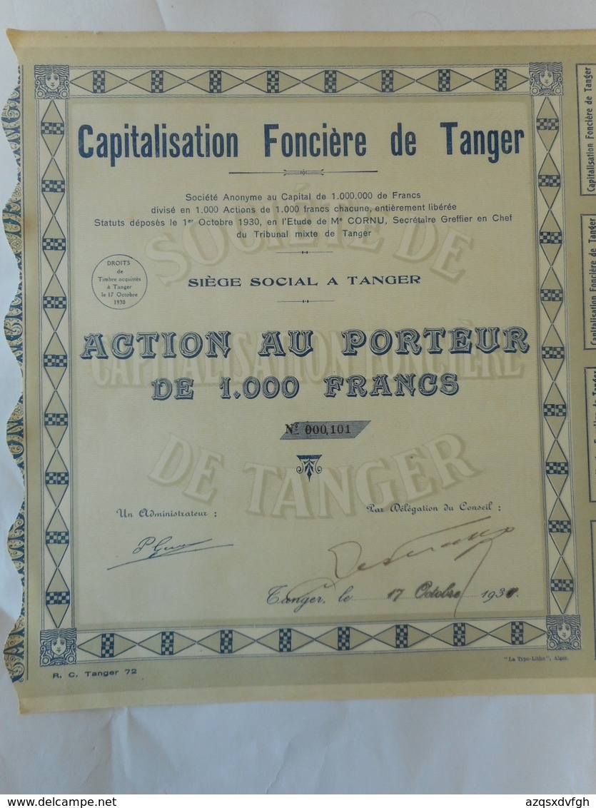 Capitalisation Fonciere De TANGER  1930         MAROC  JAMAIS VU EXEMPLAIRE RARE à SAISIR - Afrique