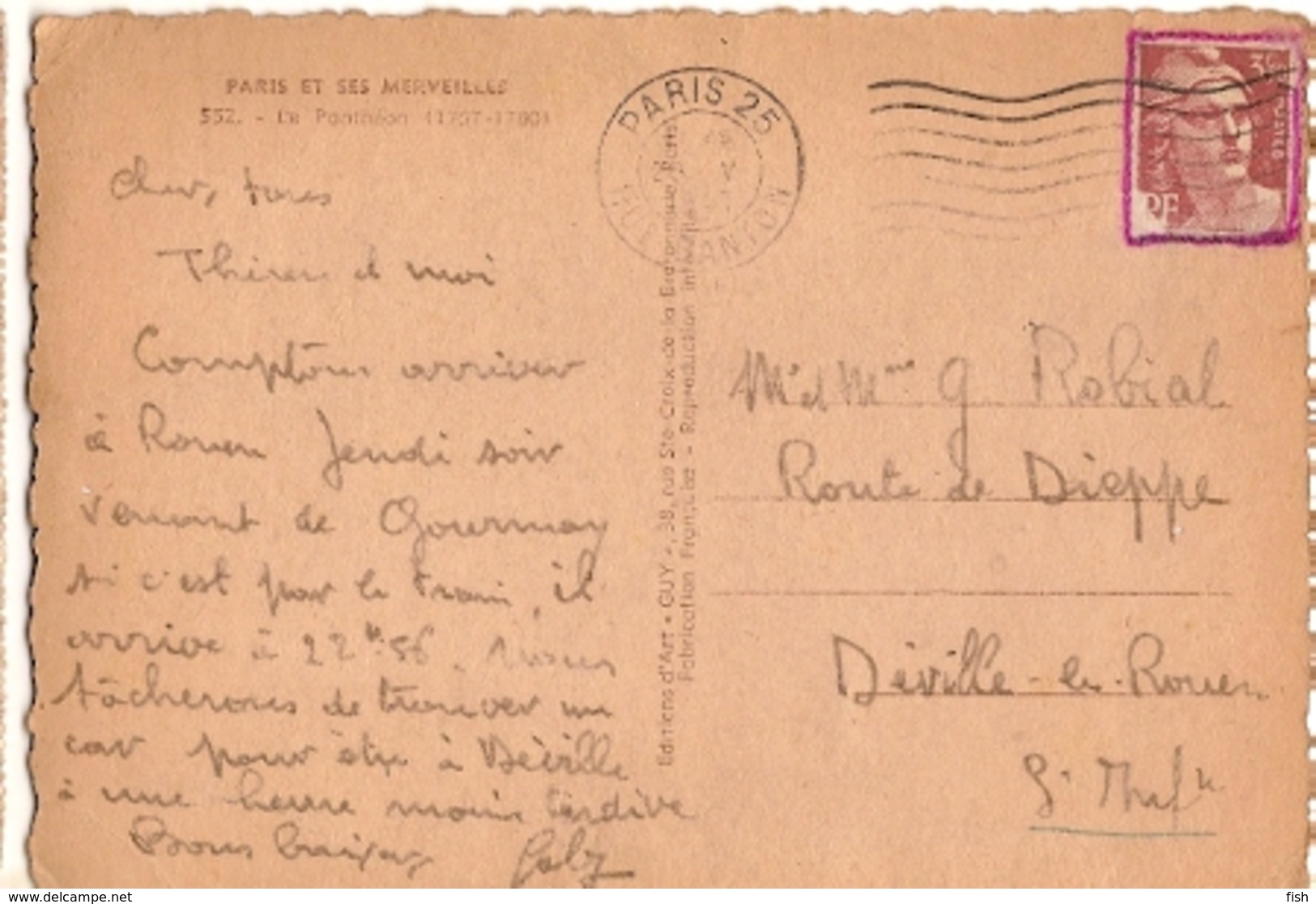 France  & Circulated, Paris Et Ses Merveilles, Le Pantheon, Déville-lès-Rouen 1947  (552) - Monuments