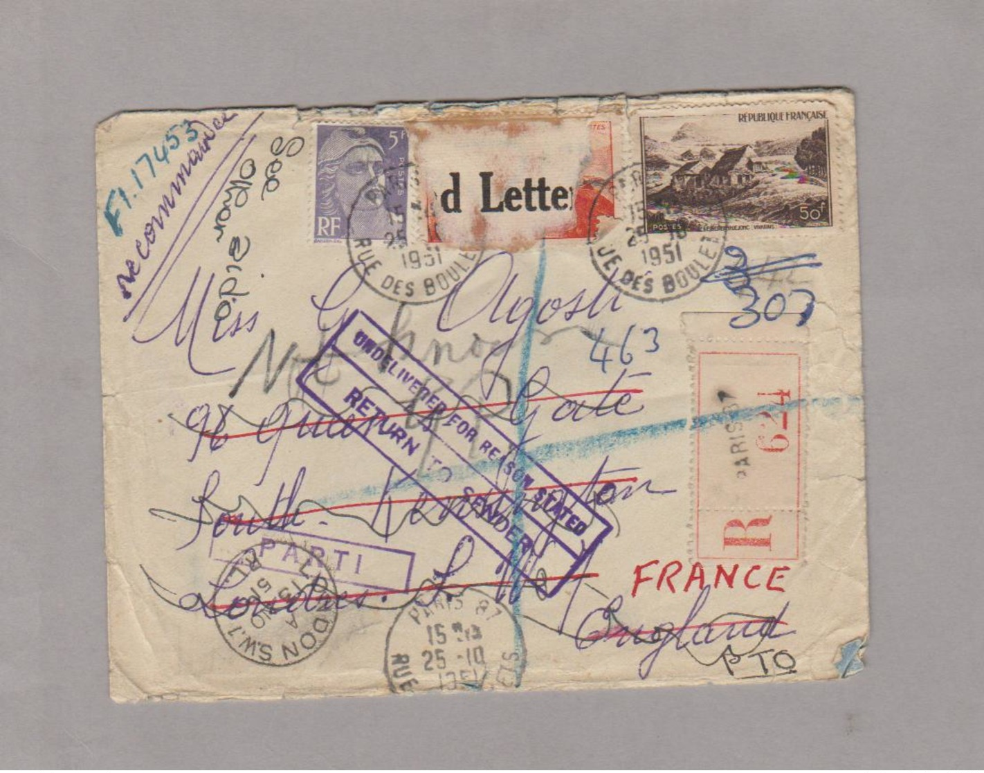 LSC 1951 - Recommandé PARIS + Cachet LONDON + RETURN TO SENDER Et Divers Cachets Sur YT 883 Et YT 843 - 1921-1960: Période Moderne