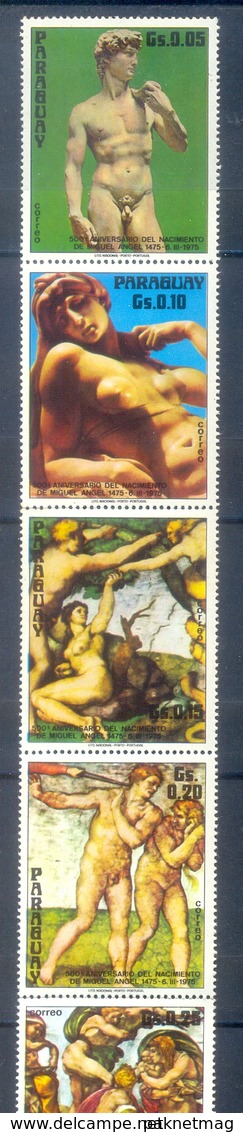 F57- Paraguay 1975. Art Painting Nudes. 500th Anniversary Of The Birth Of Michelangello Buonaroti. Complete One Strip. - Nudes