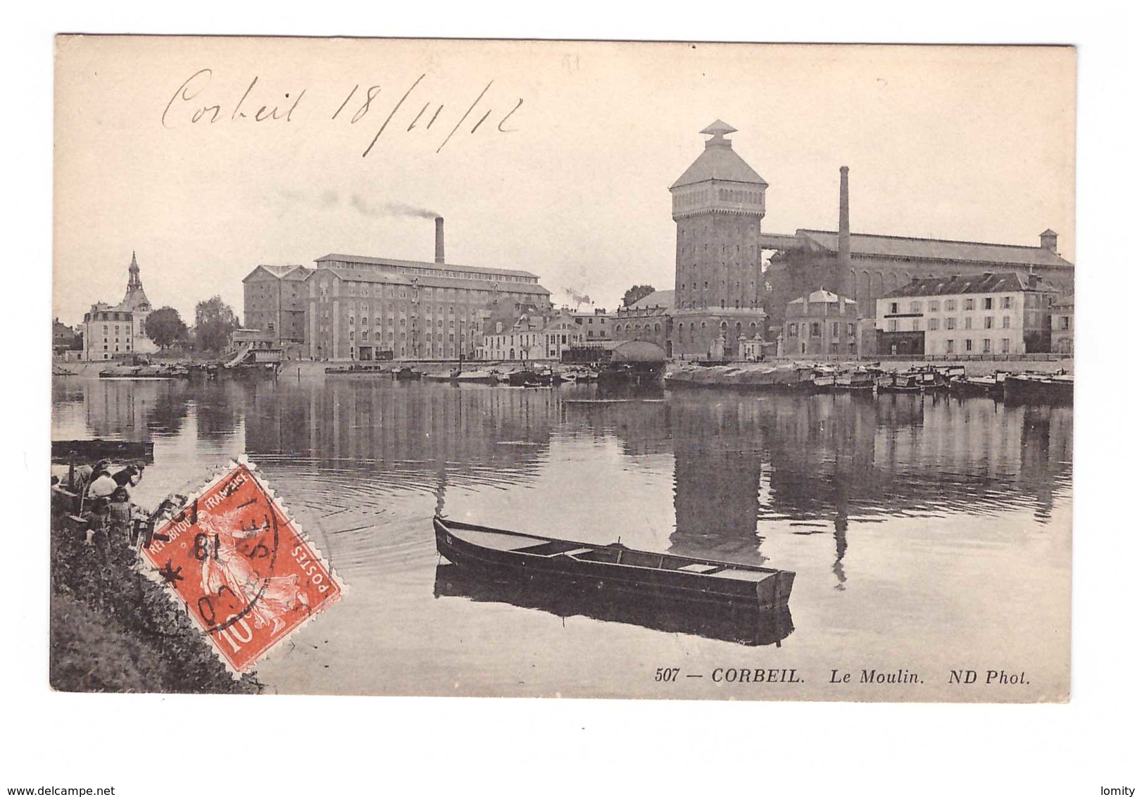 91 Corbeil Le Moulin Les Grands Moulins Cheminée Cpa Animée Lavandiere Cachet 1912 - Corbeil Essonnes