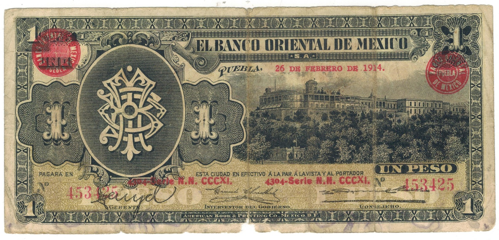 Mexico, 1 Peso , EL BANCO ORIENTAL DE MEXICO, 1914, Used, See Scan. - México