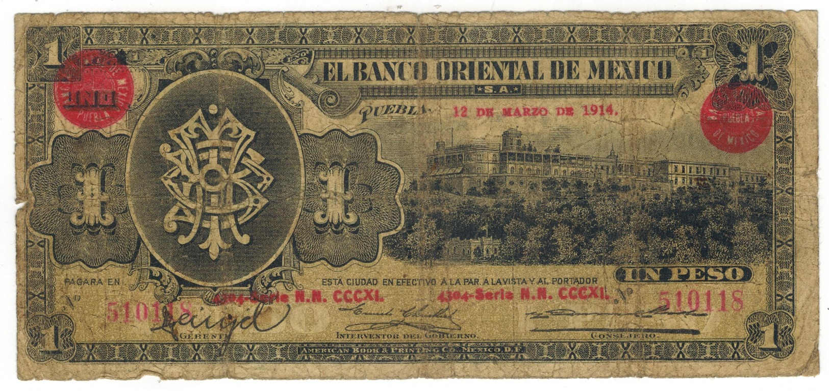 Mexico, 1 Peso , EL BANCO ORIENTAL DE MEXICO, 1914, Used, See Scan. - Mexique